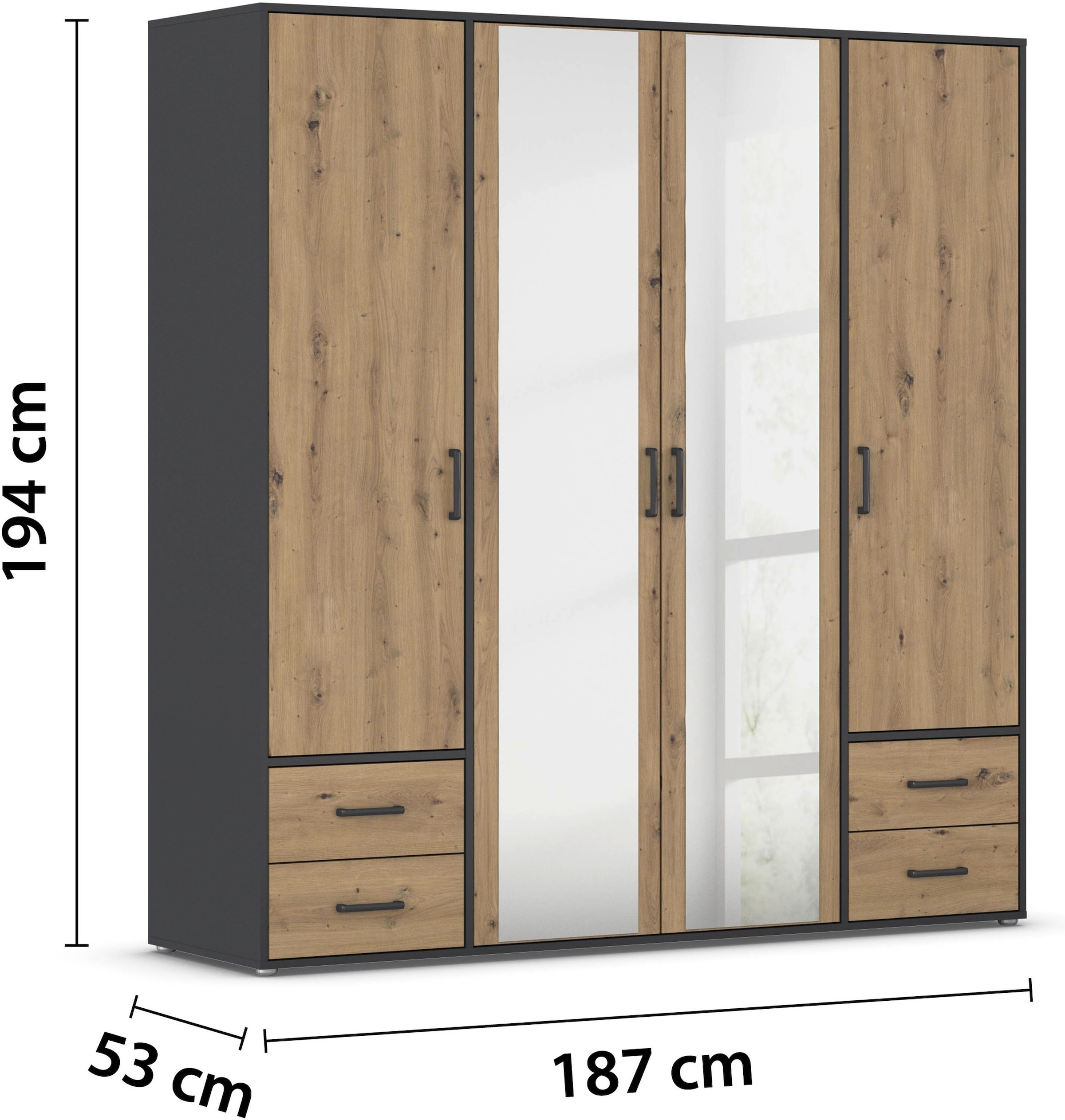 rauch Drehtürenschrank »Kleiderschrank Schrank Garderobe Wäscheschrank VOYAGER«, (in 3 verschiedenen Ausstattungen BASIC/CLASSIC/PREMIUM), mit modernen Griffen in Graumetallic, inkl. Schubkästen und Spiegel