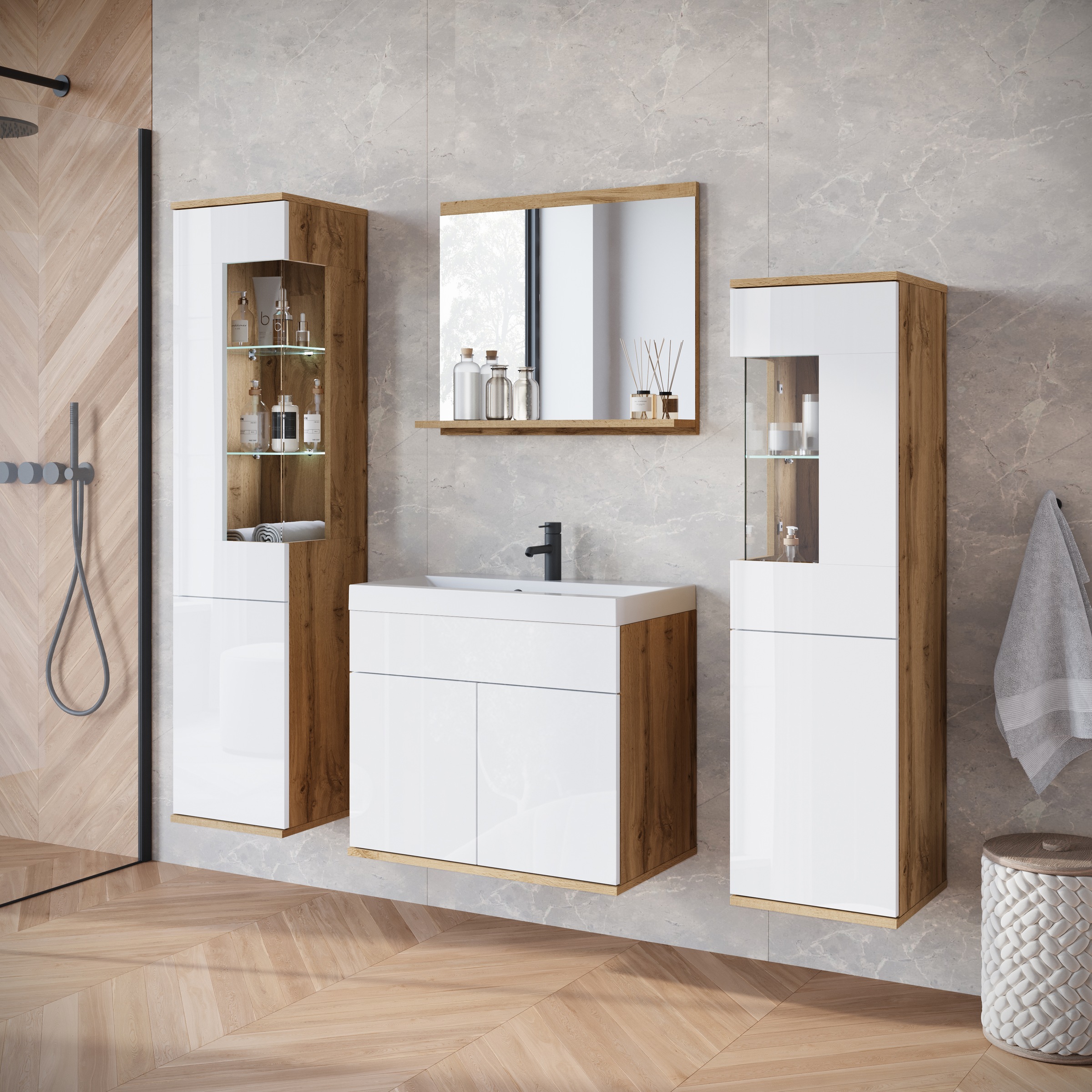 INOSIGN Badmöbel-Set »Kenia«, (Set, 5 St.), Modernes Badmöbel-Set mit viel Stauraum und Glaseinsatz