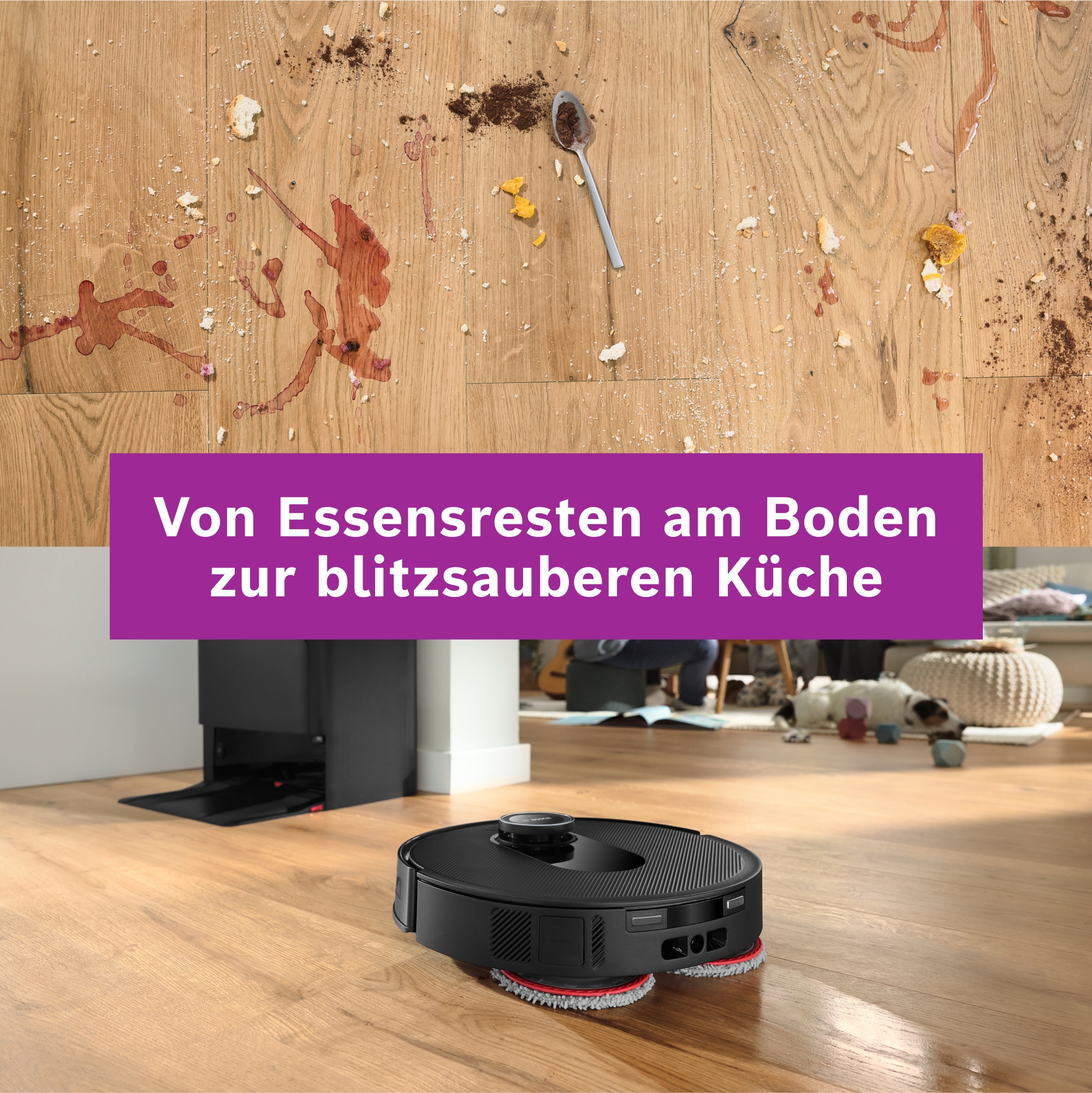 BOSCH Saugroboter »Spotless Max BCRDW3B, rotierende Wischpads, 70°C Selbstreinigung«, Datensicherheit, 11.000 Pa Saugkraft, Absaugstation, Carbon Bürste