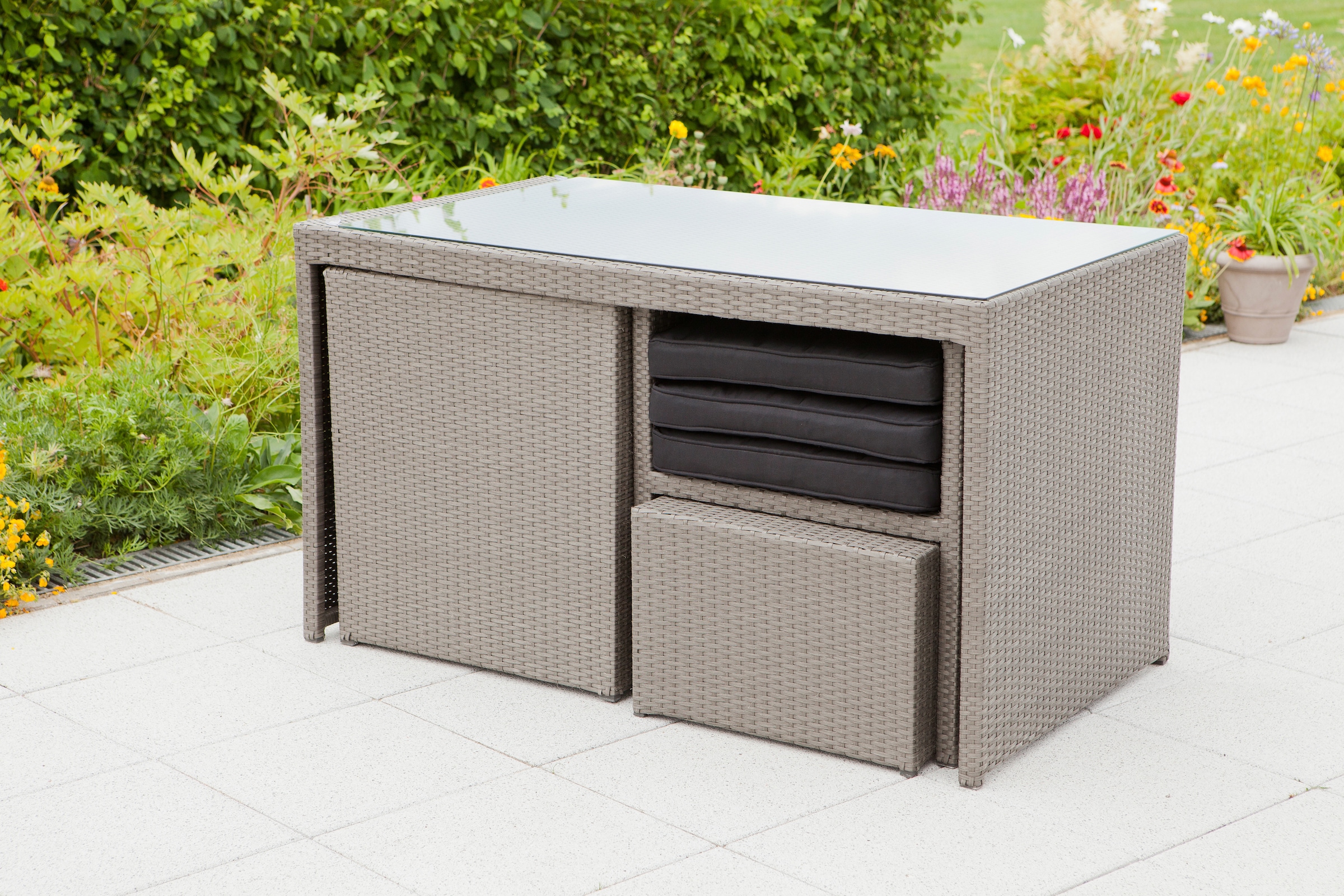 MERXX Garten-Essgruppe "Merano", (11 tlg.), 2 Sessel, 2 Hocker, Tisch 128x7 günstig online kaufen