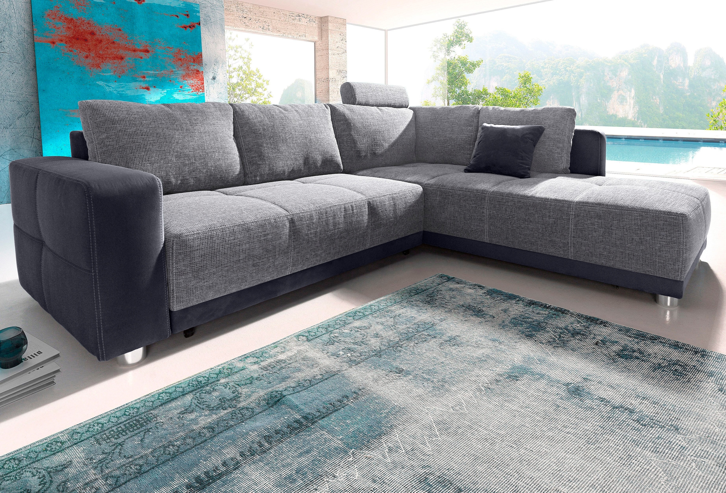 Jockenhöfer Gruppe Ecksofa "Orlando L-Form, B: 257 cm" mit Schlaffunktion, Bettkasten, Zierkissen & Kopfstützen
