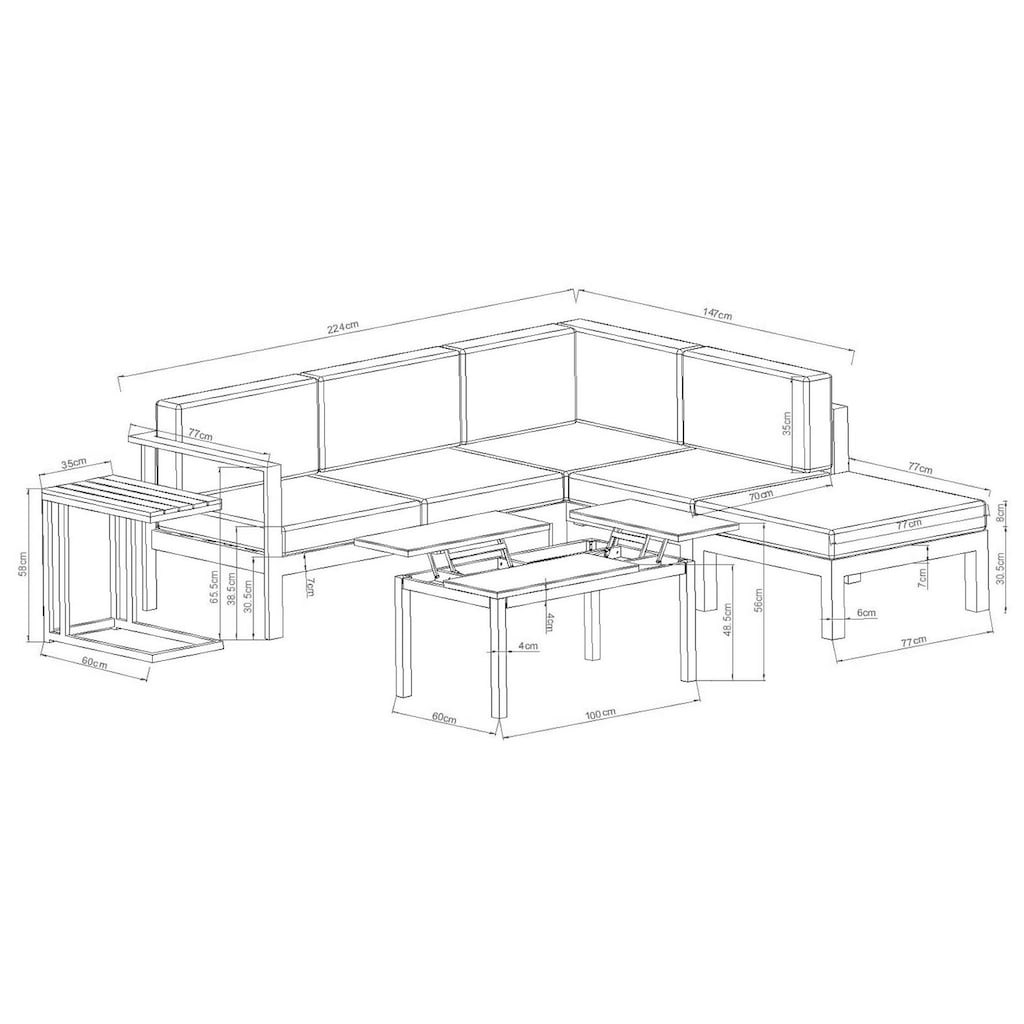 Destiny Gartenlounge-Set »ARENAL«, (Set, 15 tlg.), Ecklounge, 1 Hocker, Tisch 100x60x49/56cm, Beistelltisch 60x35x58 cm