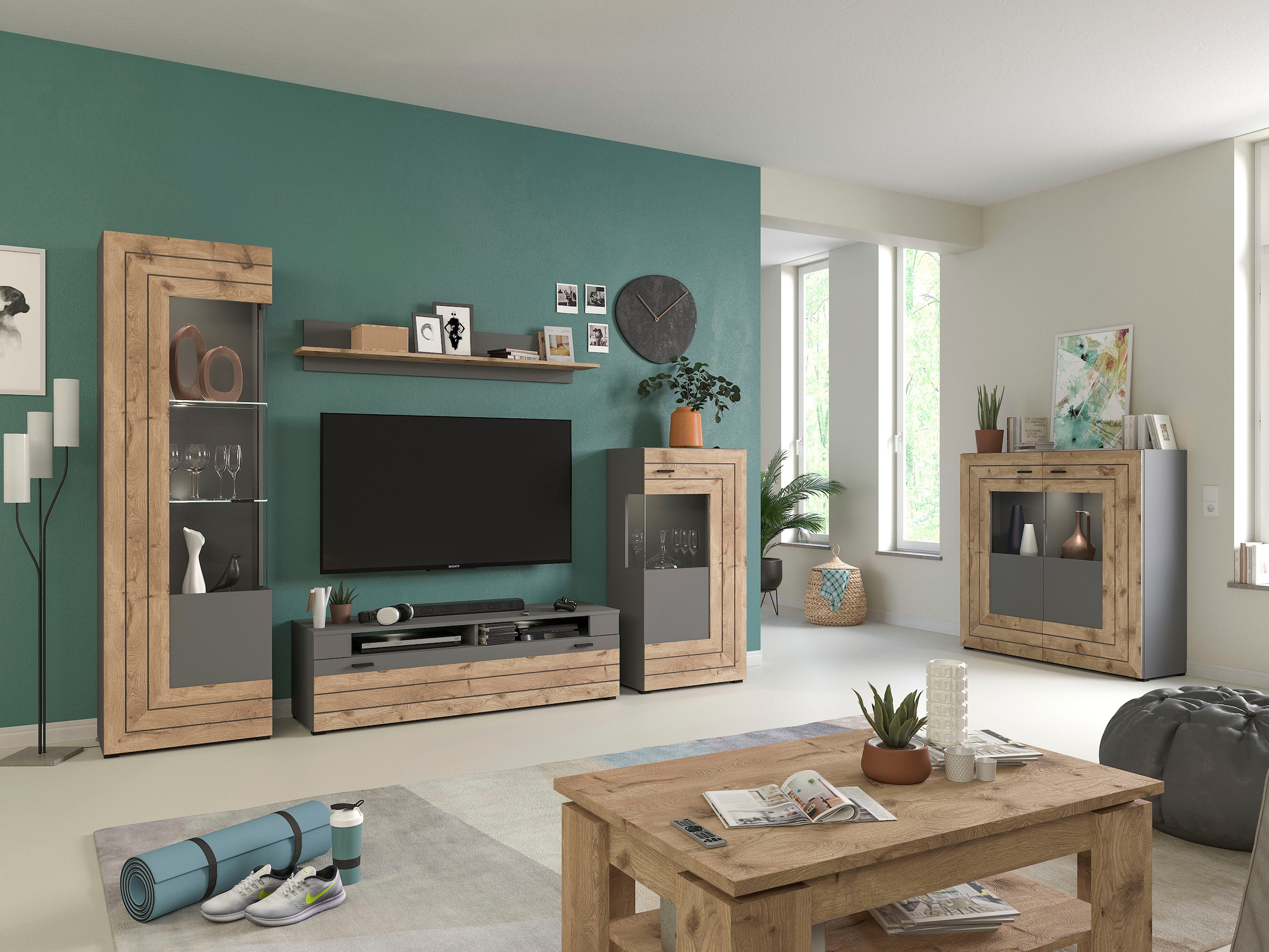 INOSIGN Wohnwand »Aalborg, Breite 290cm, 2-farbig,Metallgriffe, 4-teilig, bestehend aus:«, (4 St.), 1x Vitrine, 1x Lowboard, 1x Wandboard und 1x Stauraumschrank