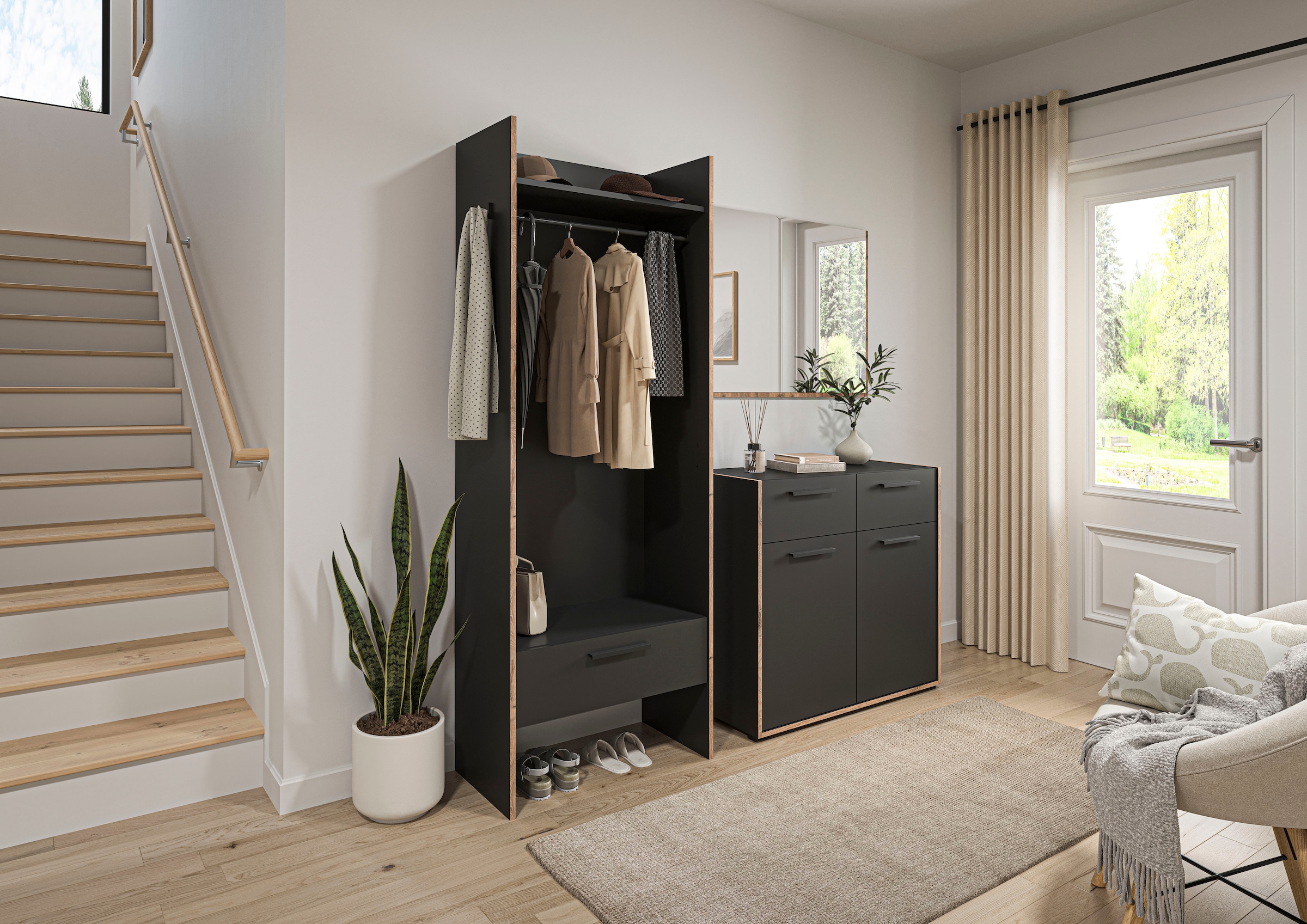 INOSIGN Garderoben-Set »MUSTA, 3-teilig: Garderobenschrank, Kommode & Garderobenspiegel«, Kombination, Kompaktgarderobe, Garderobenkombination, Garderobe