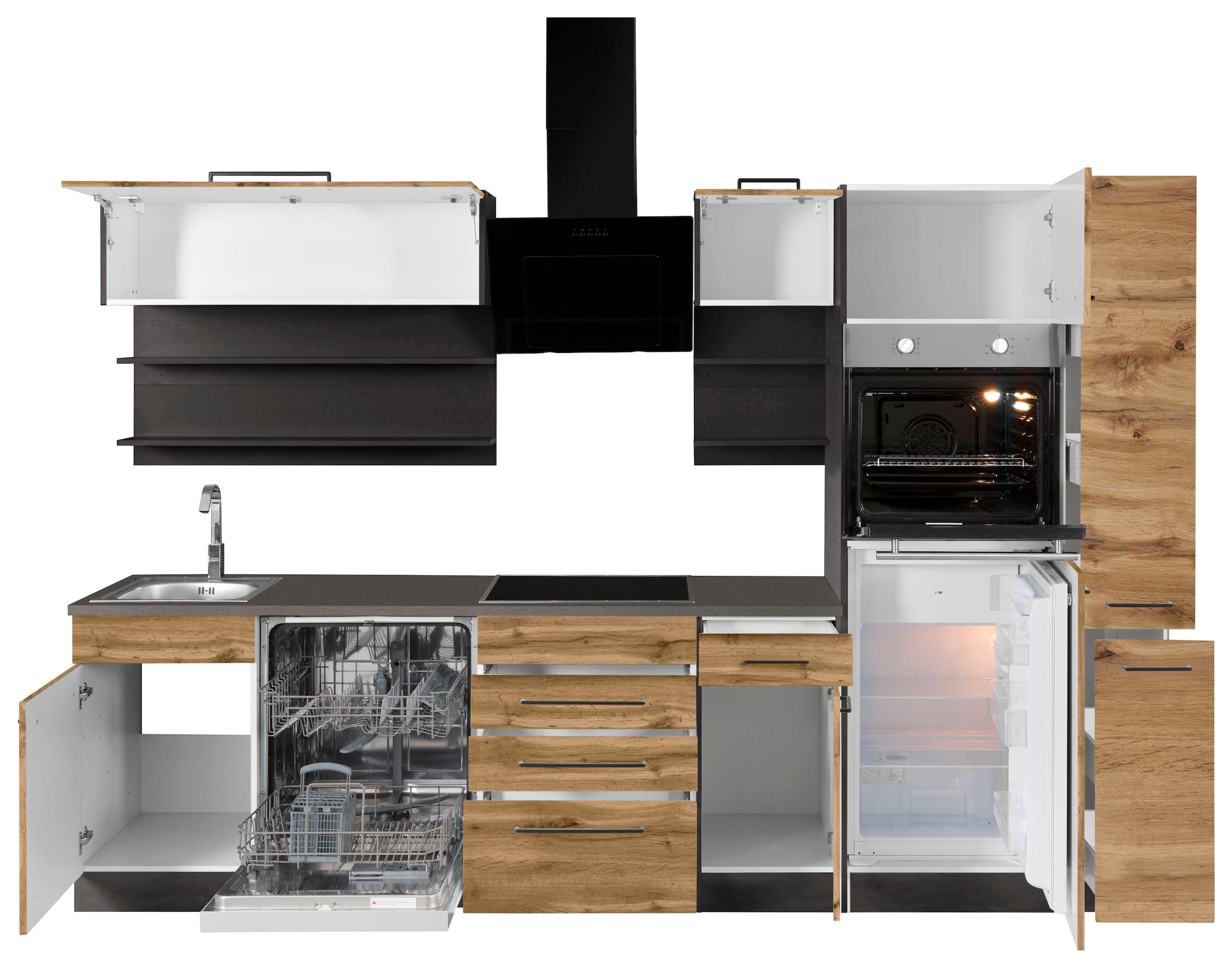 KOCHSTATION Küchenzeile »KS-Tulsa«, mit E-Geräten, Breite 300 cm, schwarze Metallgriffe, MDF Fronten