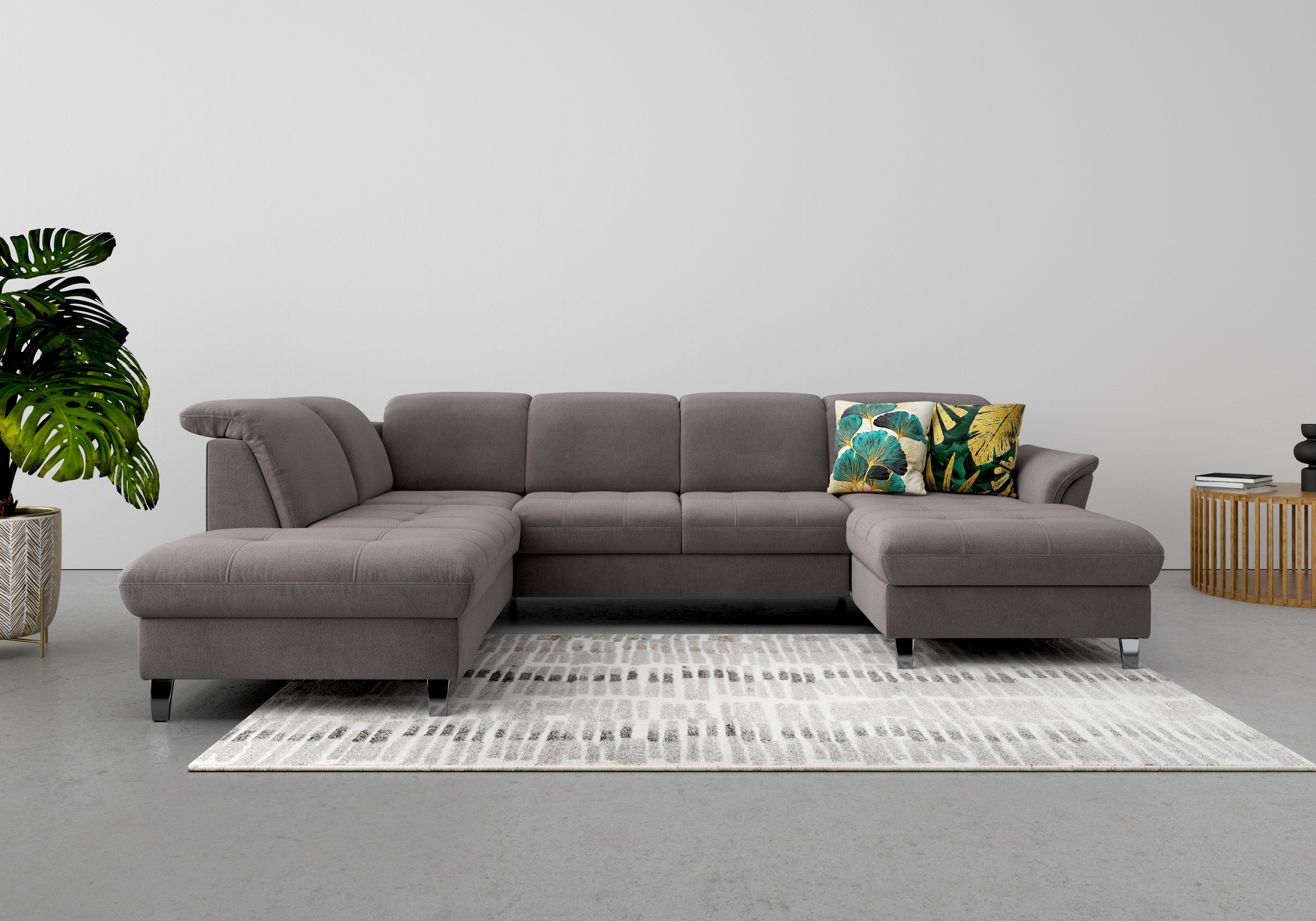 Wohnlandschaft SIT & MORE "Maggiore U-Form", grau (fango), B:312cm H:88cm T:224cm, 95% Polyester, 5% Polyamid, Sofas, Wohnlandschaft, wahlweise mit Kopfteilverstellung, Bettfunktion und Stauraum