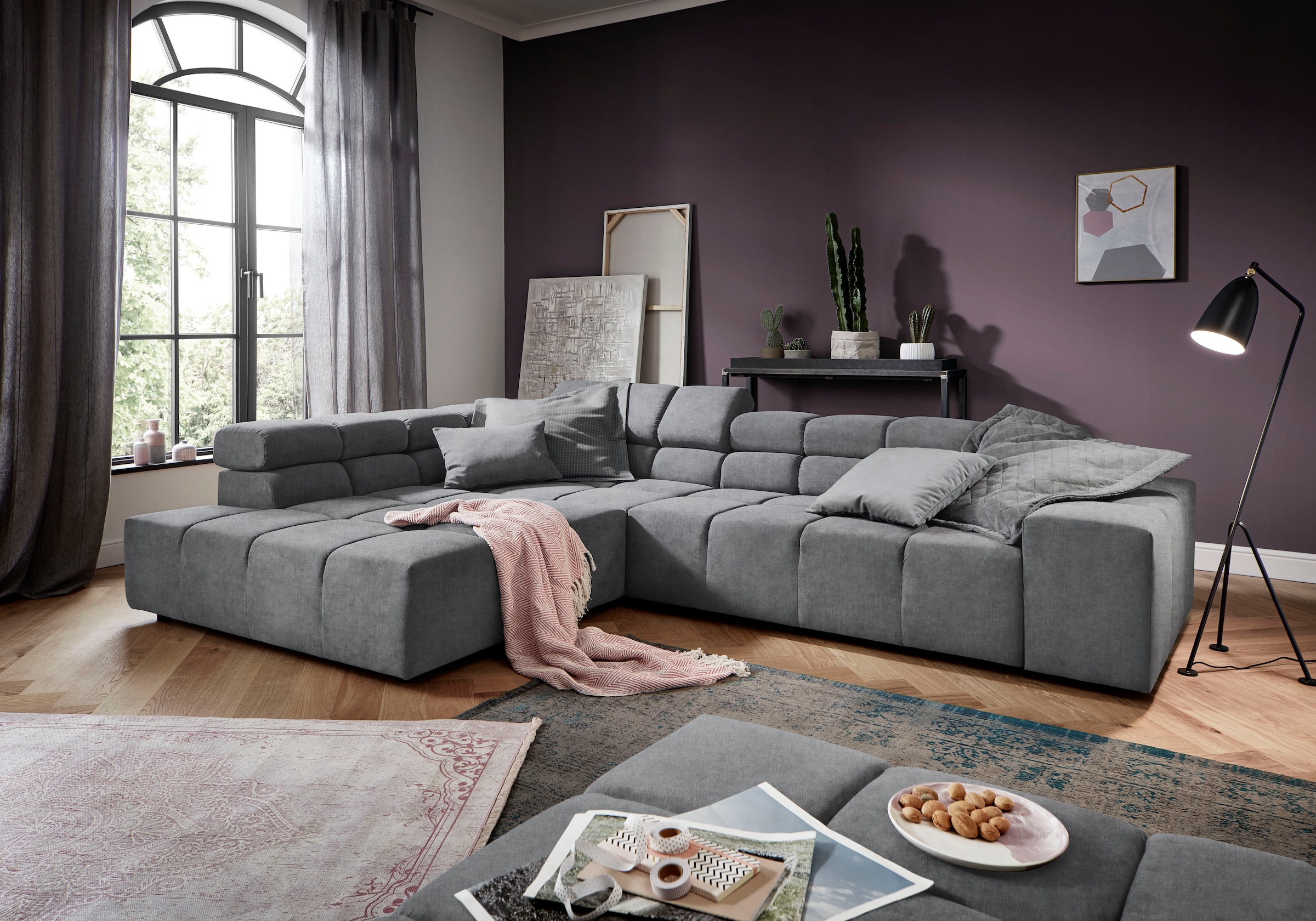 INOSIGN Ecksofa »Ancona incl. Kopfteilverstellung, Zierkissen Breite 319cm, L-Form«, wahlweise motorische Sitztiefenverstellung, auch in Cord + Easy Care