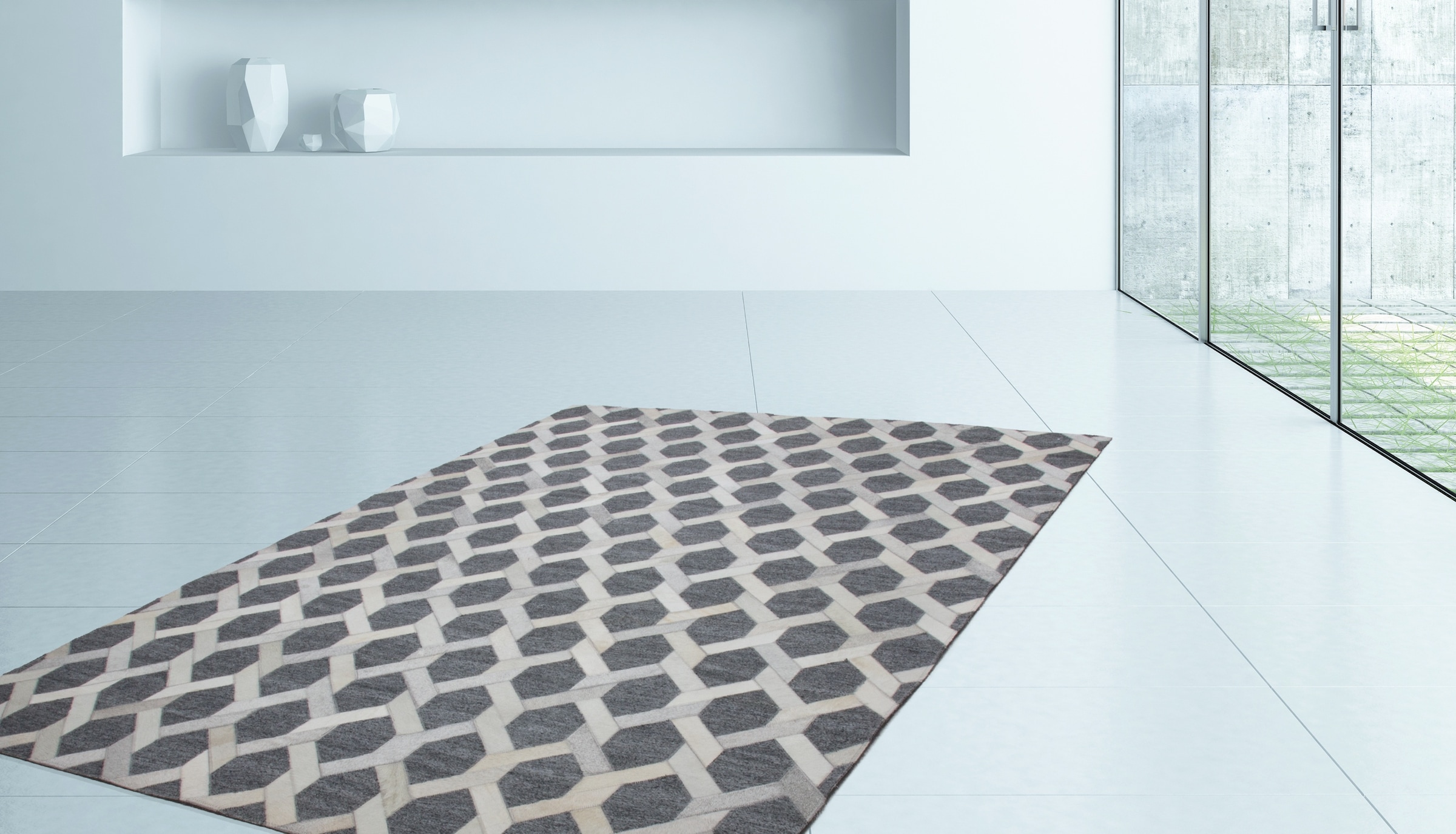 Teppich KAYOOM "Chimera 110", grau, B:160cm H:11mm L:230cm, Viskose, Teppiche, Teppich, Materialmix aus Viskose und Leder, handgefertigtes Unikat