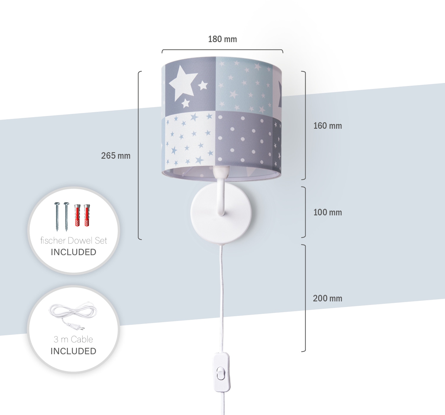 Paco Home Wandleuchte »Cosmo 345«, 1 flammig, Leuchtmittel E14 | ohne Leuchtmittel, Kinderlampe Wandlampe Schalter Ø…18cm Sterne Punkte Kabellänge 3m E14