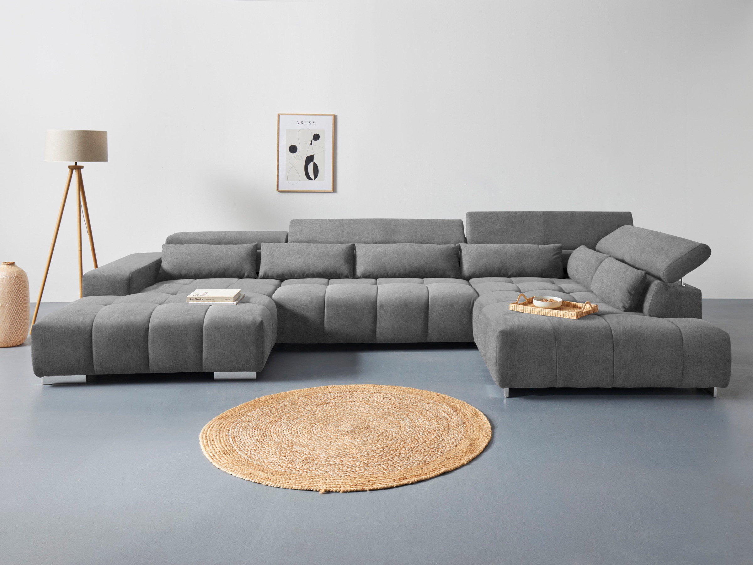 COTTA Wohnlandschaft "Orion U-Form XXL, B: 409 cm, bequeme Wellenunterfederung, top modern" mit Kopfteilverstellung & 6 Nierenkissen
