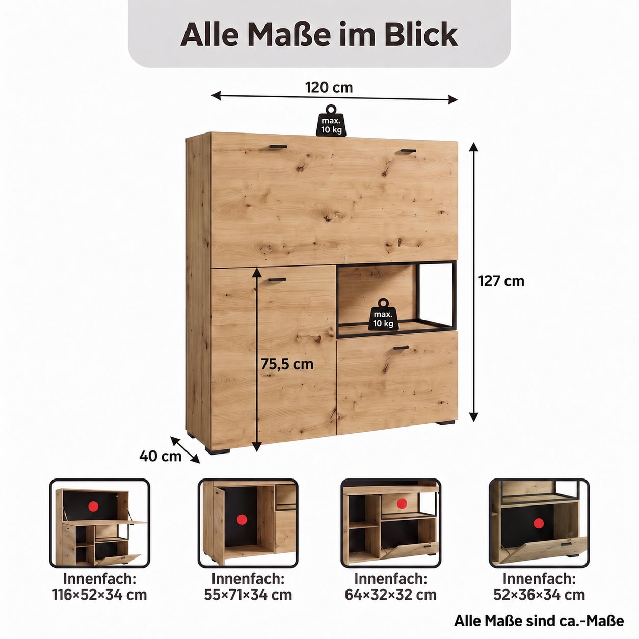 byLIVING Sekretär »FRAME« Artisan Eiche (Eiche-Optik)/schwarz, 1 Türen, 2 Klapptür, B 120 cm