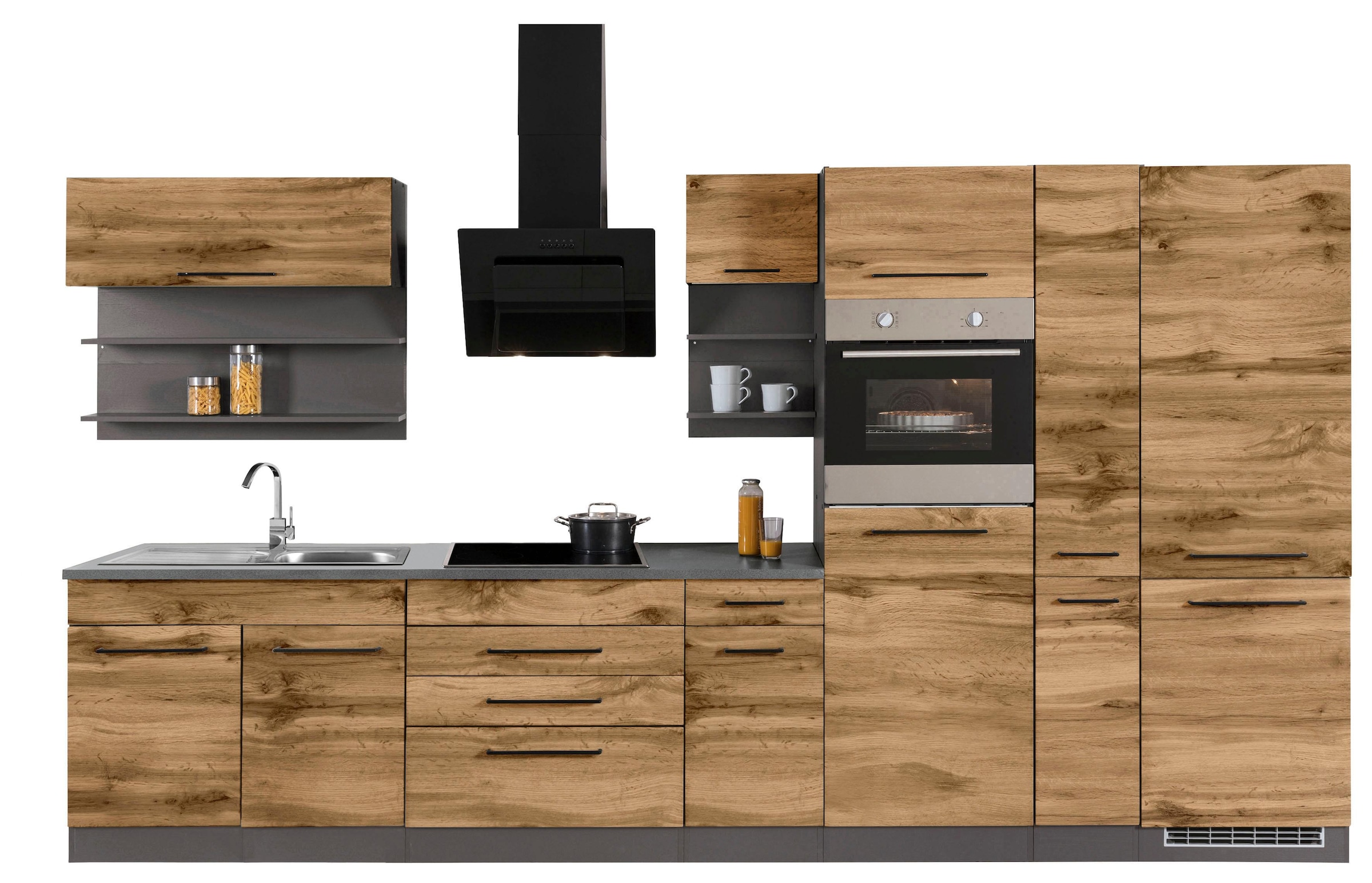 KOCHSTATION Küchenzeile »KS-Tulsa«, ohne E-Geräte, Breite 380 cm, schwarze Metallgriffe, MDF Fronten