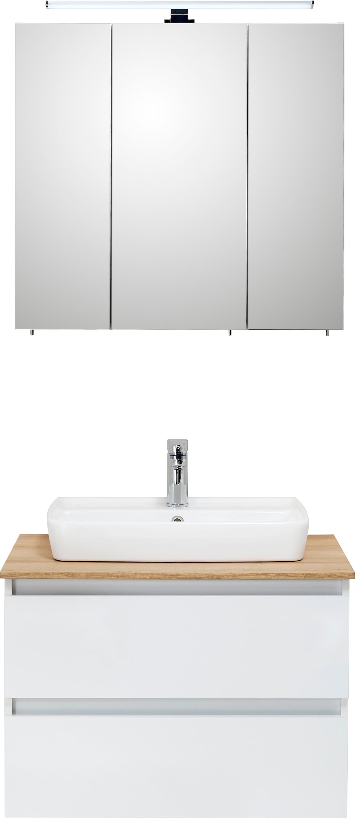Saphir Badmöbel-Set »Quickset 360 2-teilig, Keramik-Aufsatzbecken mit LED-Spiegelschrank«, (2 St.), Waschtischplatte, 78 cm breit, Weiß Glanz, 3 Türen, 2 Schubladen