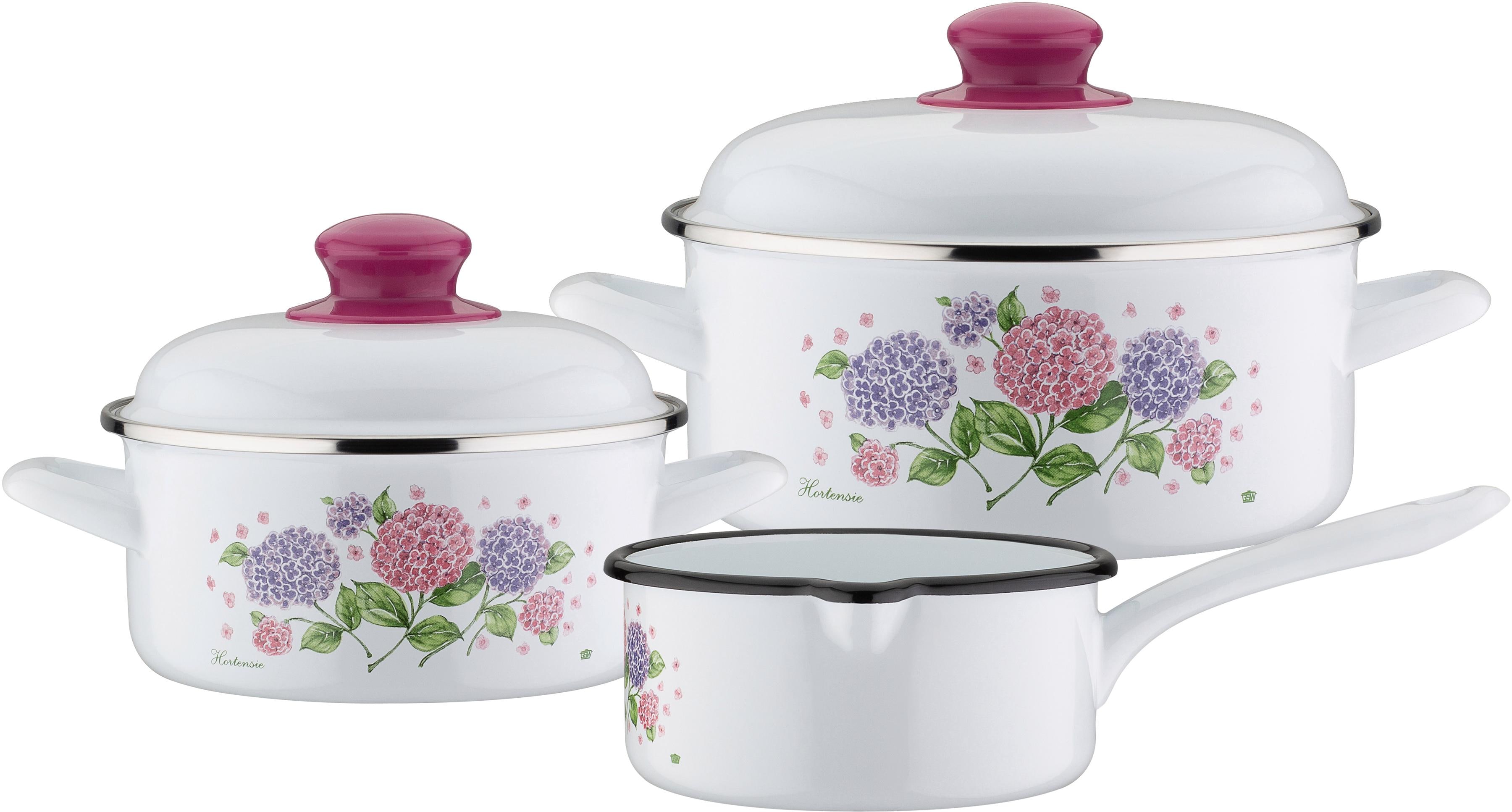 GSW Topf-Set "Hortensie" Set, 1x Kochtopf Ø 16 cm, 1x Kochtopf Ø 20 cm, 1x Stielkasserolle Ø 16 cm, 5 Stk. tlg. Stahl-Emaille
