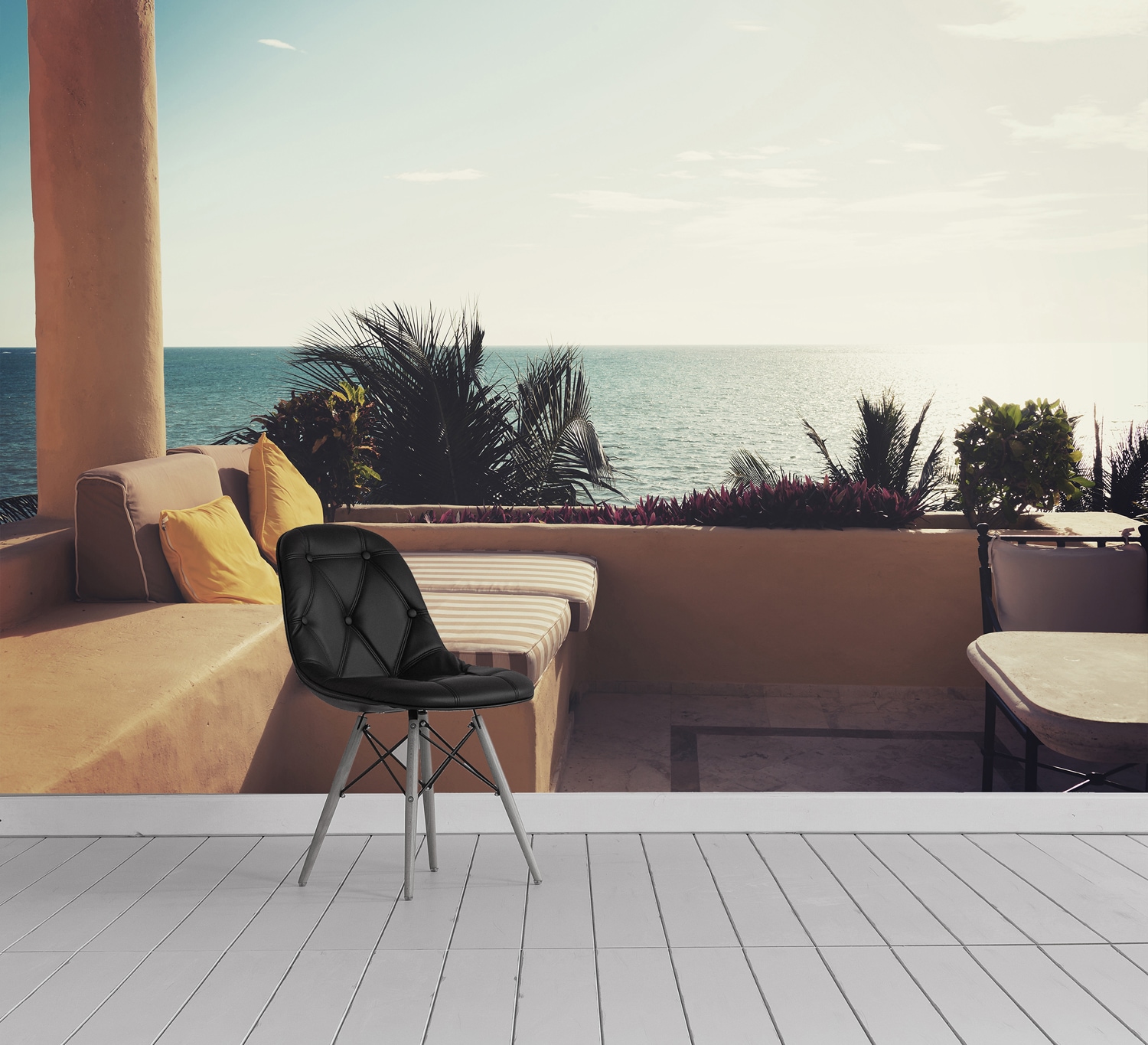 queence Fototapete "Terrasse am Meer" Meer Motiv bedruckt mehrfarbig realistisch glatt Wandpaneele, selbstklebend, Tapete, Sticker, Wanddeko, XXL-Fotomotiv