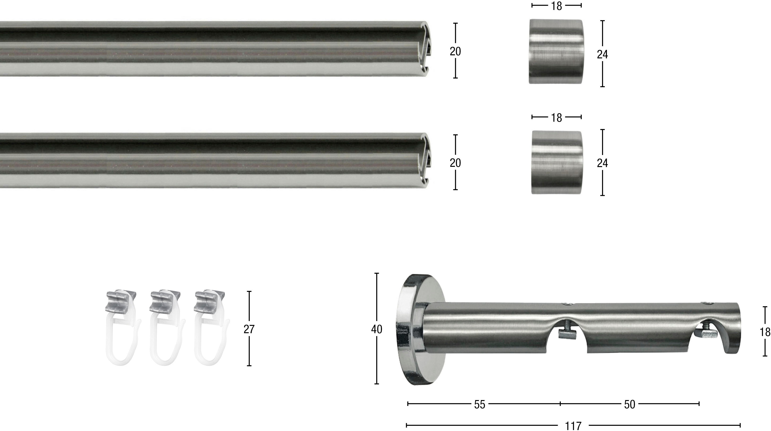 Thumbnail - GARESA Gardinenstange "CHAPEAU" Ø 20 mm 2 läufig-läufig Wunschmaßlänge Vorhanggarnitur, mit Ringe und Haken, verlängerba...
