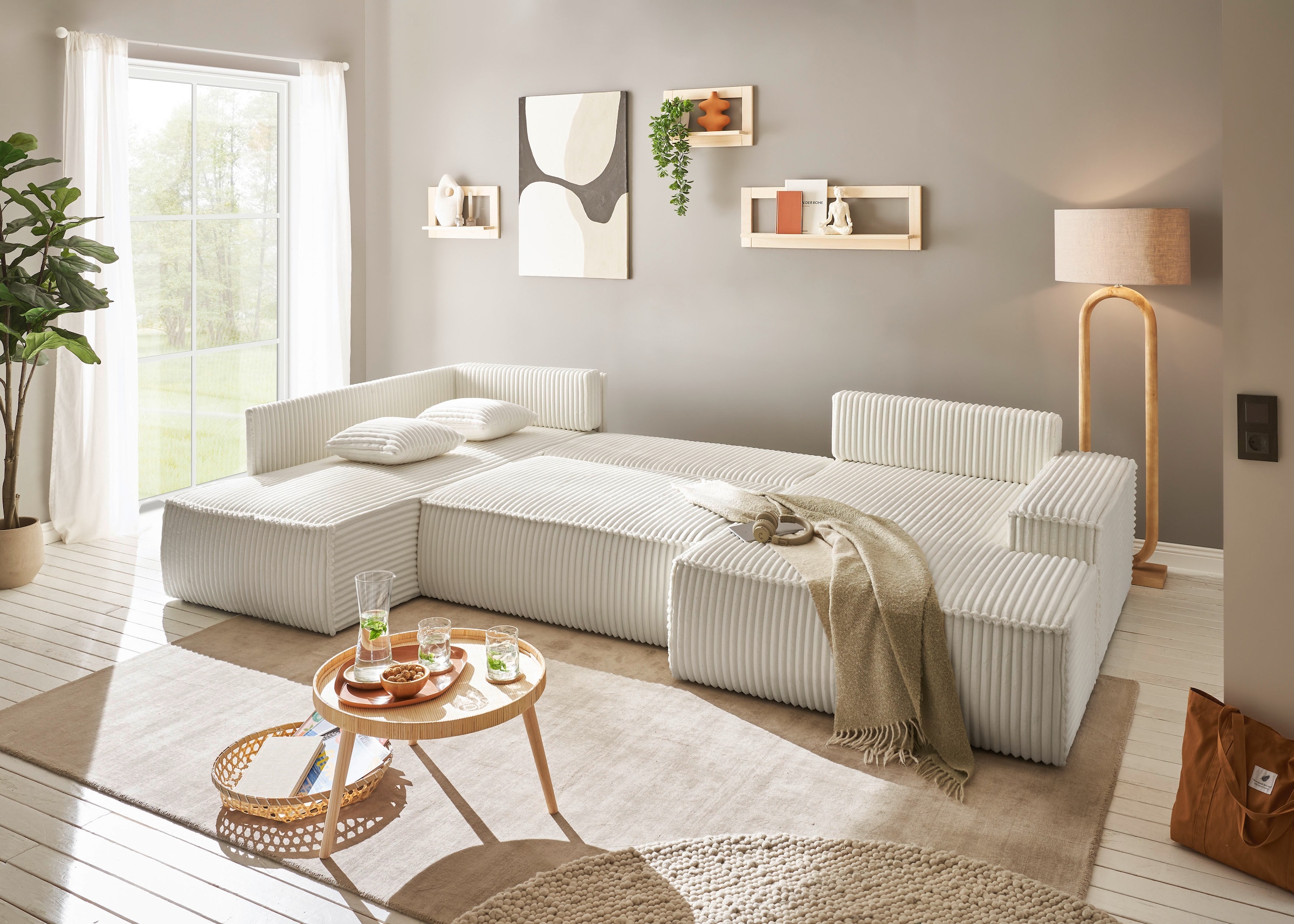 andas Wohnlandschaft »FINNLEY U-Form XXL 329 cm, Schlafsofa, Schlaffunktion m. Bettkasten«, (194/139 cm), Bouclé, Struktur und Cord