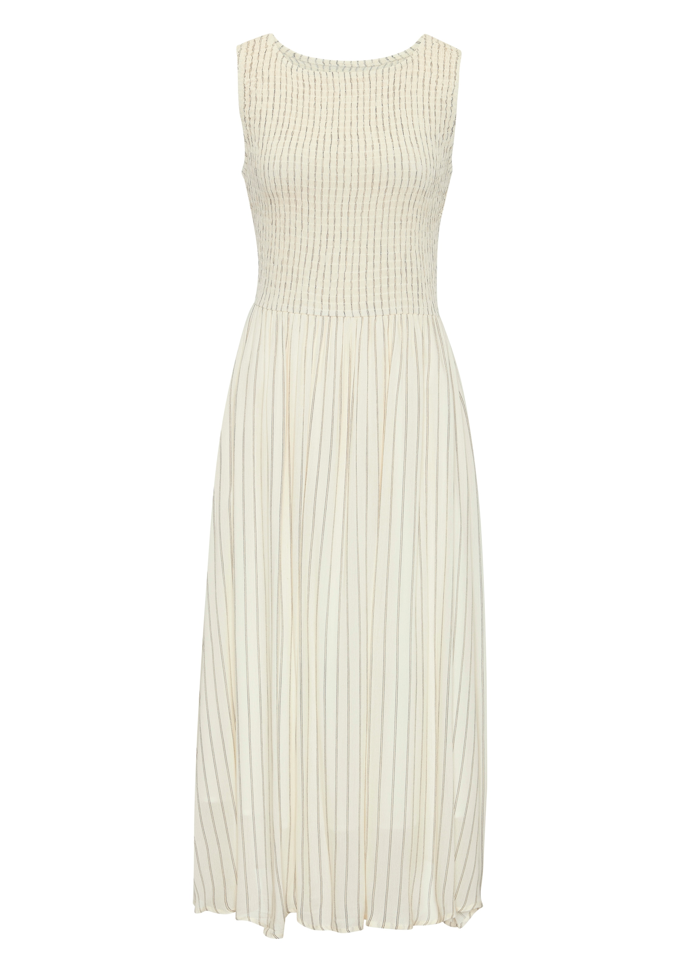 LASCANA Midikleid »mit gesmoktem Oberteil und Streifenmuster« Ohne Taschen Ärmelloses Sommerkleid, elegantes Streifenkleid, Webkleid  aus Viskose