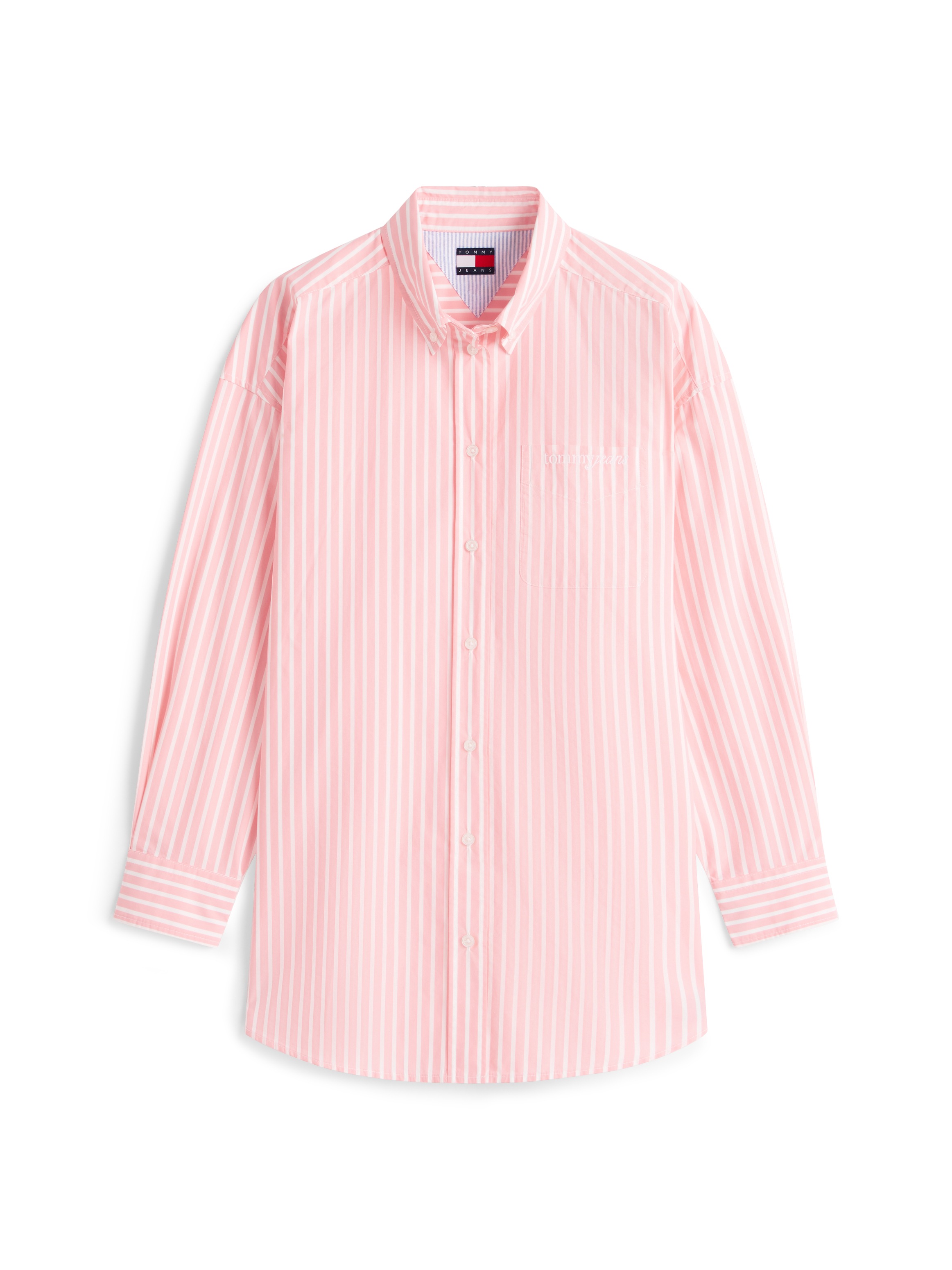 Langarmbluse TOMMY JEANS "TJW OVS POPLIN SHIRT", Damen, Gr. S (36), tropical blush, stripe, Web, Obermaterial: 65% Baumwolle, 35% Nylon, gestreift, regular fit normal, Manschette, Blusen, mit modischen Streifen 5