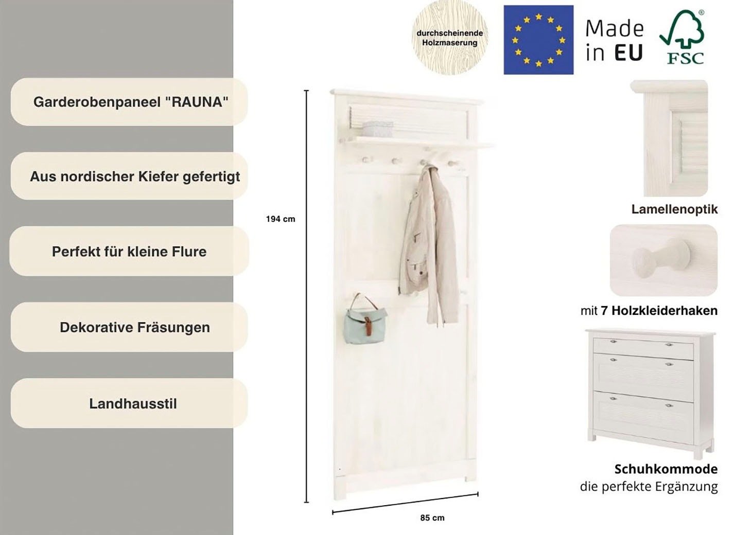 Thumbnail - Home affaire Garderobenpaneel "Rauna" aus massiver Kiefer, Breite 85 cm, FSC-zertifiziert