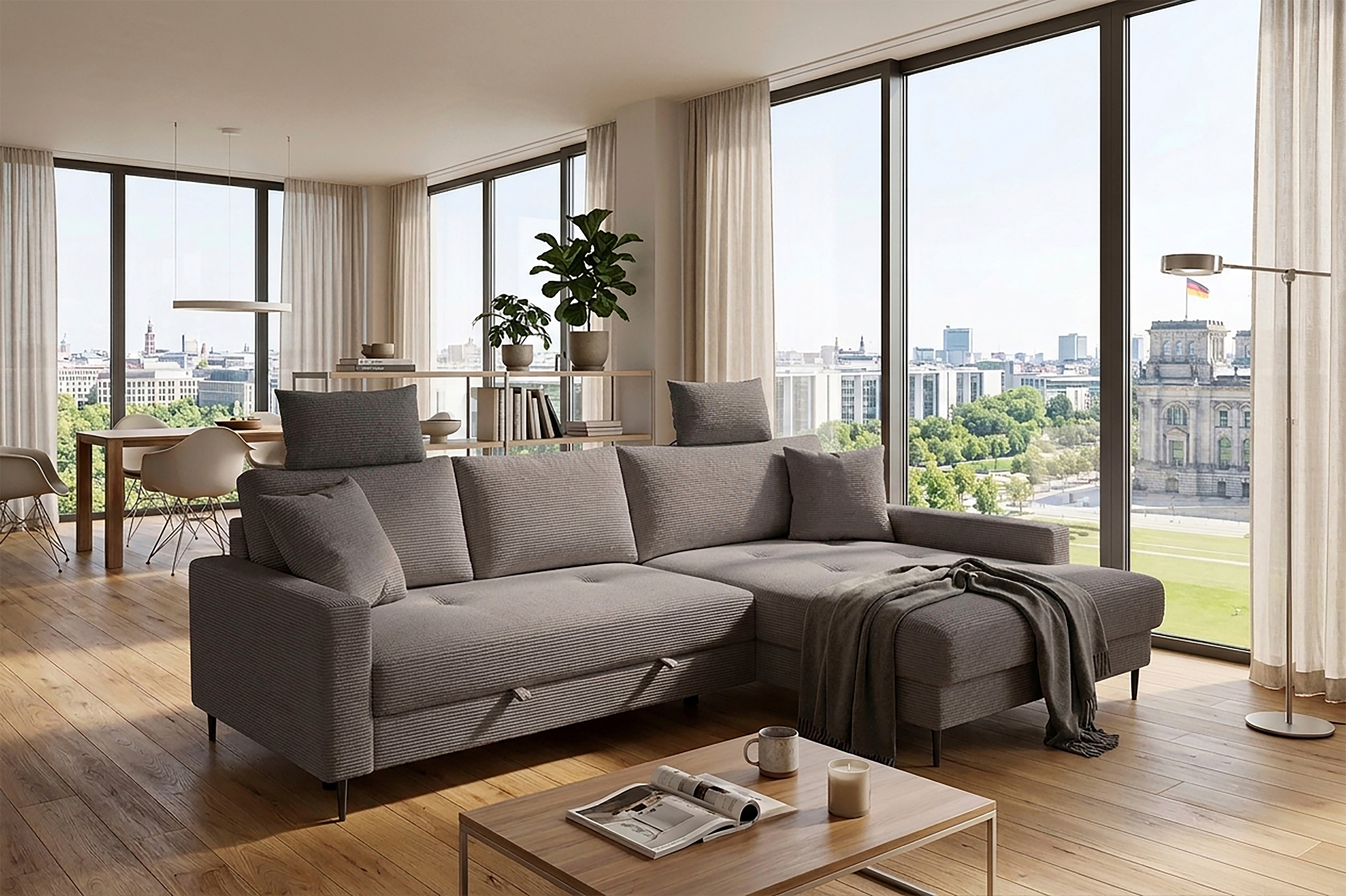 Trends by HG Ecksofa "Summer L-Form, B: 284 cm, Schlaffunktion, 2 Zierkissen" mit Kopfstützen, Wellenfederung, frei stellbar