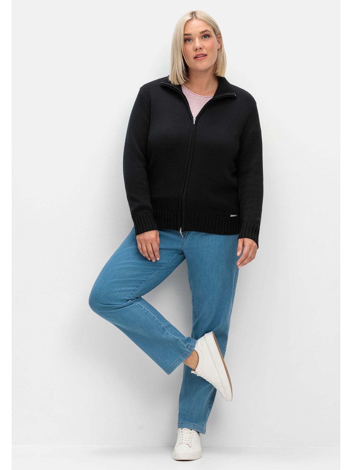 Sheego Strickjacke »Große Größen«, mit Troyerkragen und 2-Wege-Zipper