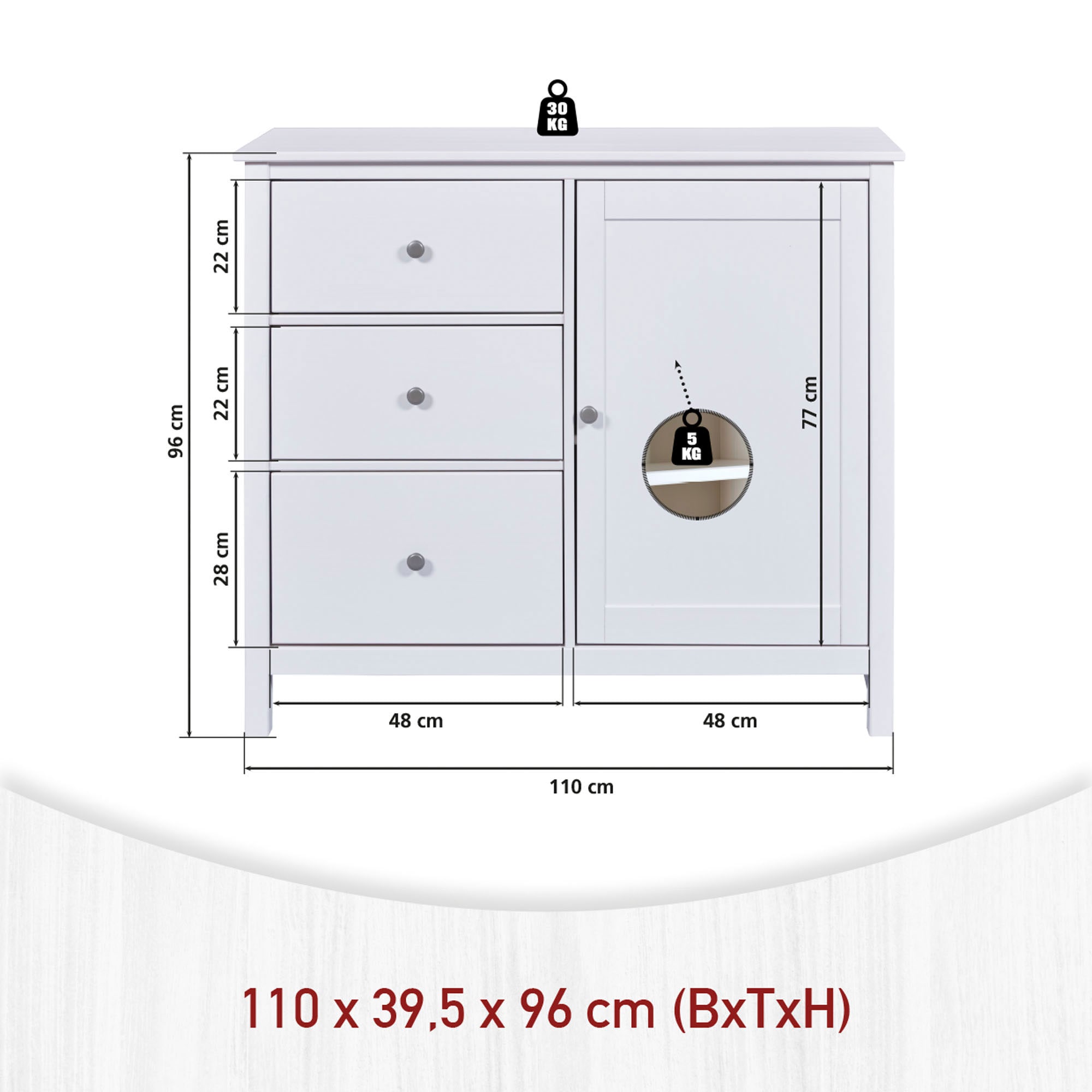 Inter Link Kombikommode »Pinora, Kiefer Massivholz, Weiss, 110 x 39,50 x 96 cm, viel Stauraum« 1 Stk. tlg. Sideboard im modernem Skandi Look, 3 Schubladen, 1 Tür