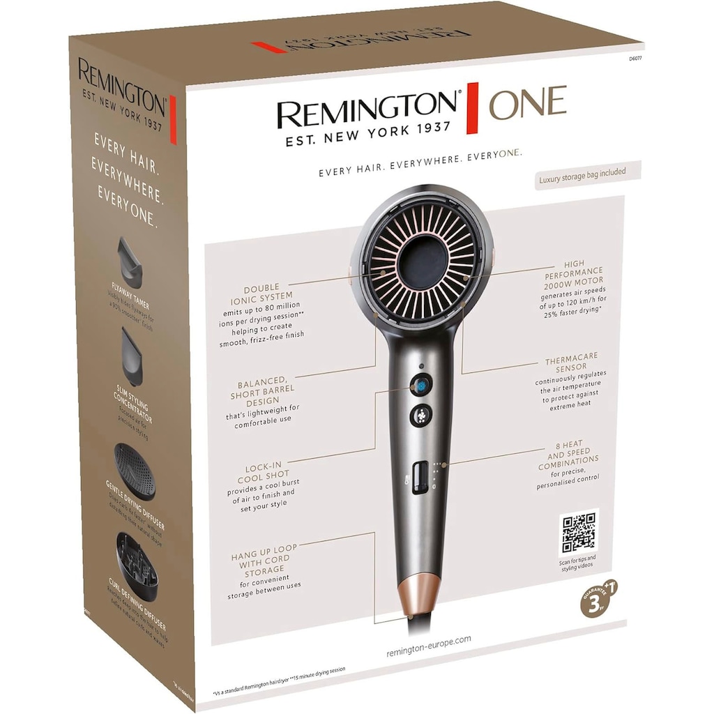 Remington Haartrockner »D6077 ONE Dry & Style Hairdryer«, 2000 W, 4 Aufsätze, 120 km/h Luftstrom, 4 Aufsätze, 8 Heiz-& Geschwindigkeitskombinationen