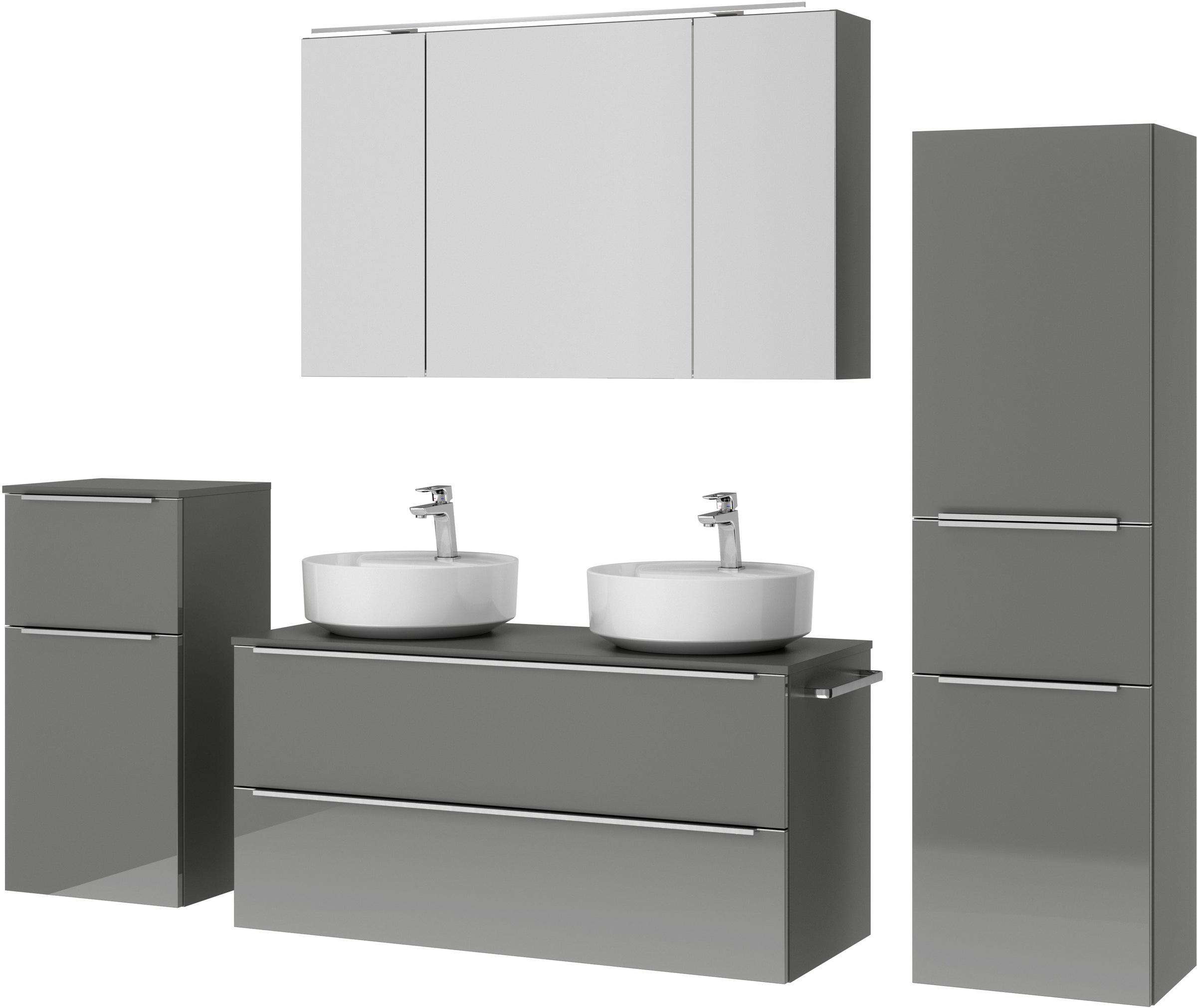 nobilia® Badmöbel-Set »Alvene«, (4 St., vormontiert, mit Soft-Close), inkl. Spiegelschrank mit Beleuchtung und Dimmerfunktion, in 4 Breiten