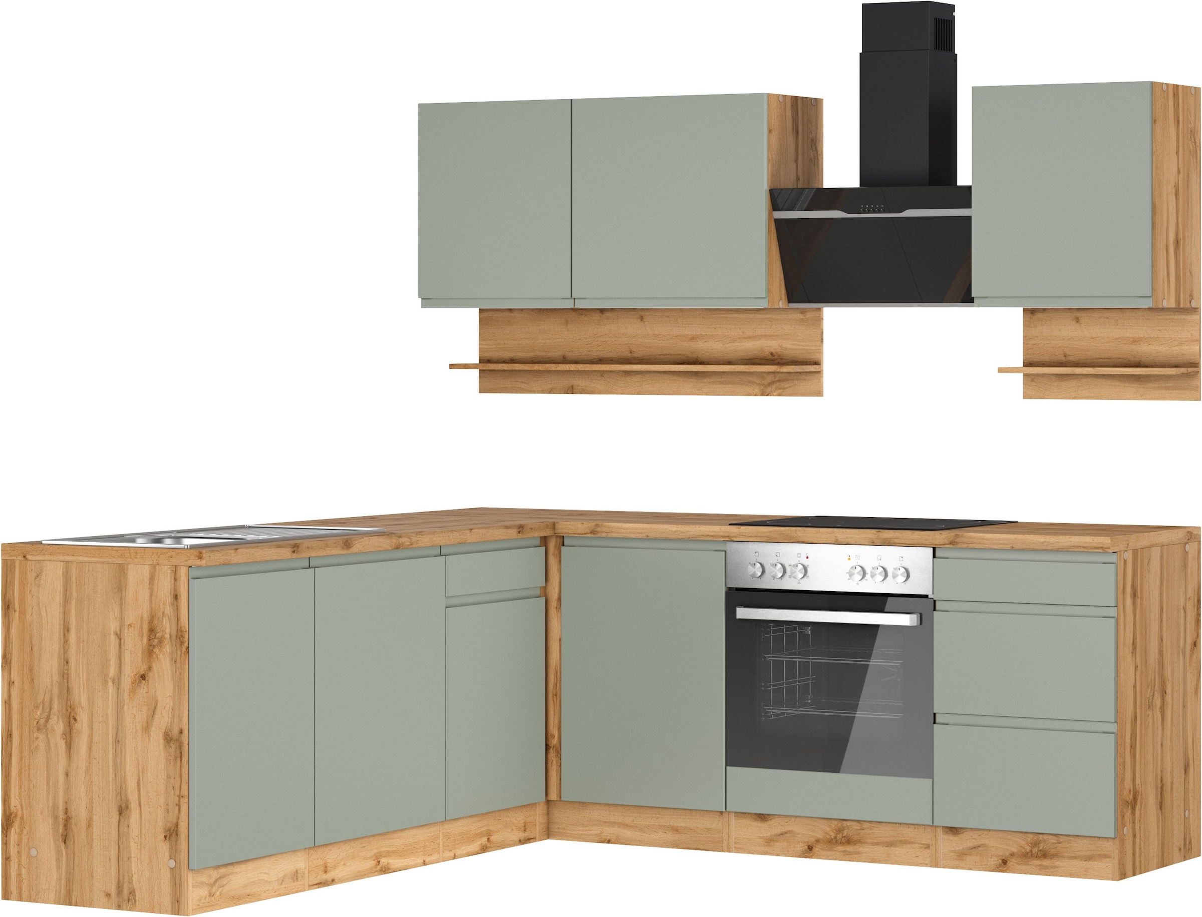 KOCHSTATION Winkelküche "KS-Virginia,neu in verbesserter Ausführung" Arbeitsplatte 38 mm stark, Stauraum, Softclose, Stellbreite 220/220 cm, Soft-Close,wahlweise mit E-Geräten