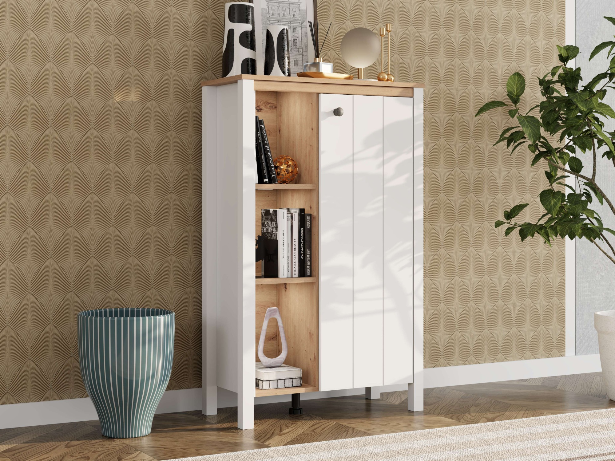 Home affaire Highboard "BEDFORD, Hochkommode, Vitrine, Glasvitrine, Kombi-Highboard" MDF-Profil 2D ummantelt, Hotstamping