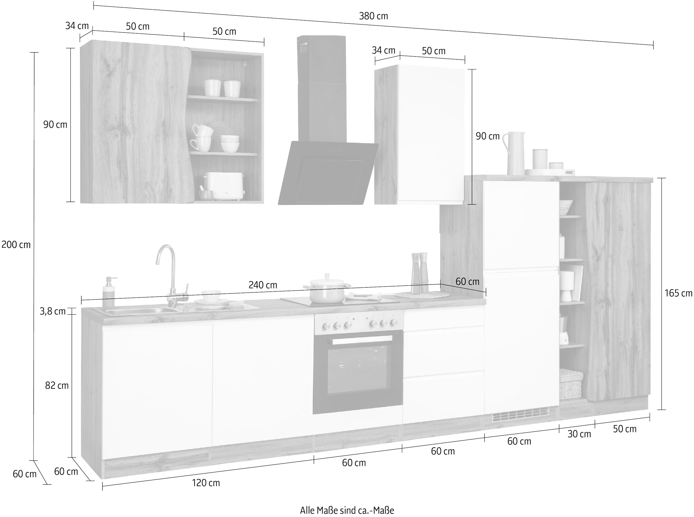 KOCHSTATION Küchenzeile »KS-Bruneck«, 380cm breit, wahlweise mit oder ohne E-Geräte, hochwertige MDF-Fronten