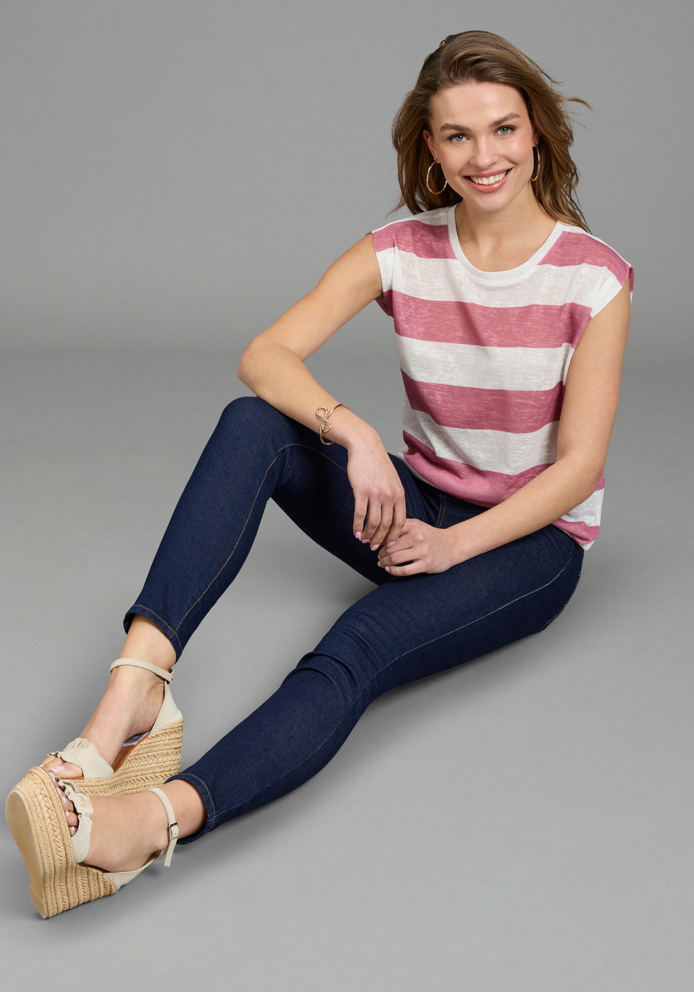 Laura Scott T-Shirt in strukturierter Leinen-Optik, gestreiftes Design