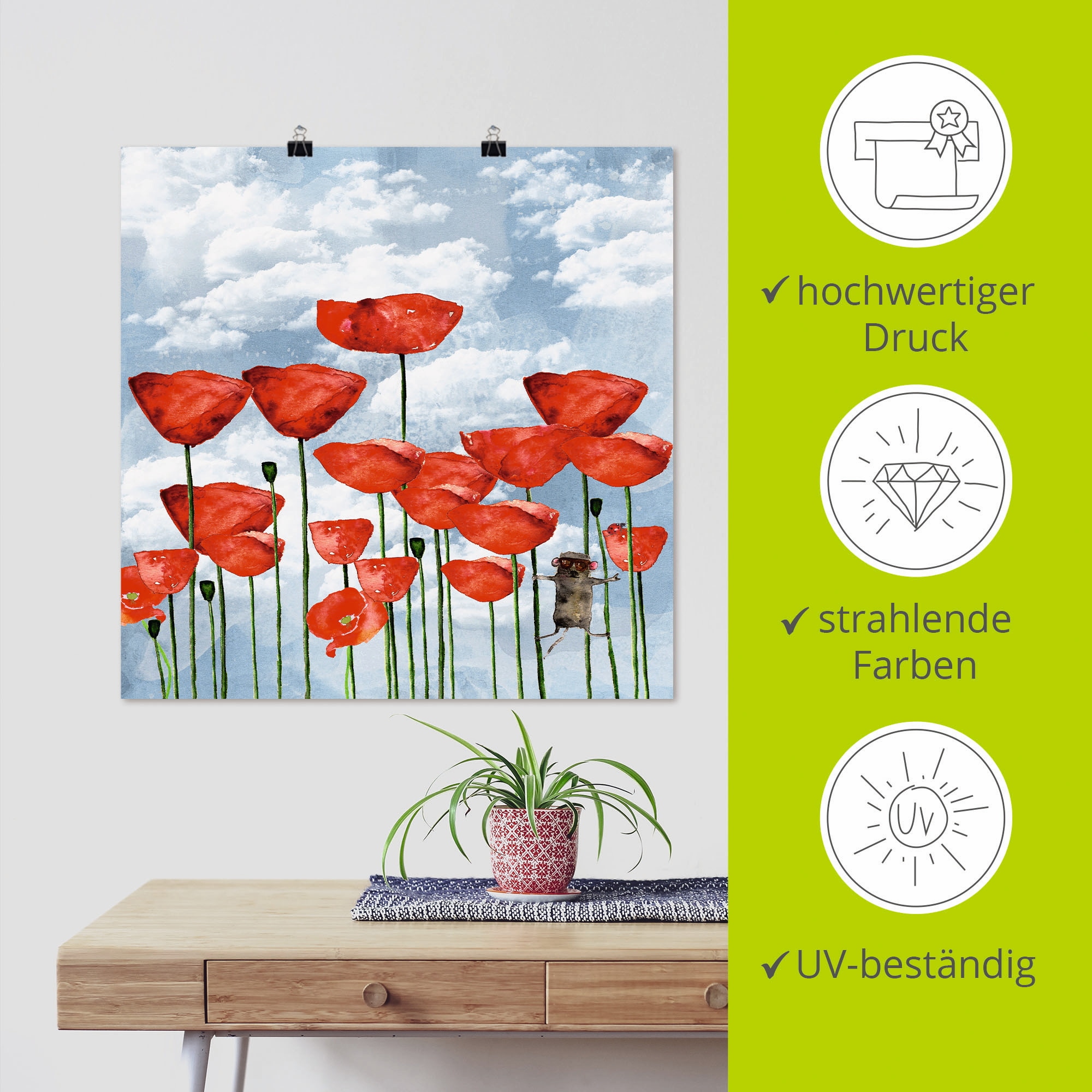 Artland Poster »Maus im Mohnfeld an einem bewölkten Tag«, Blumen, (1 St.), als Alubild, Leinwandbild, Wandaufkleber oder Poster in versch. Größen