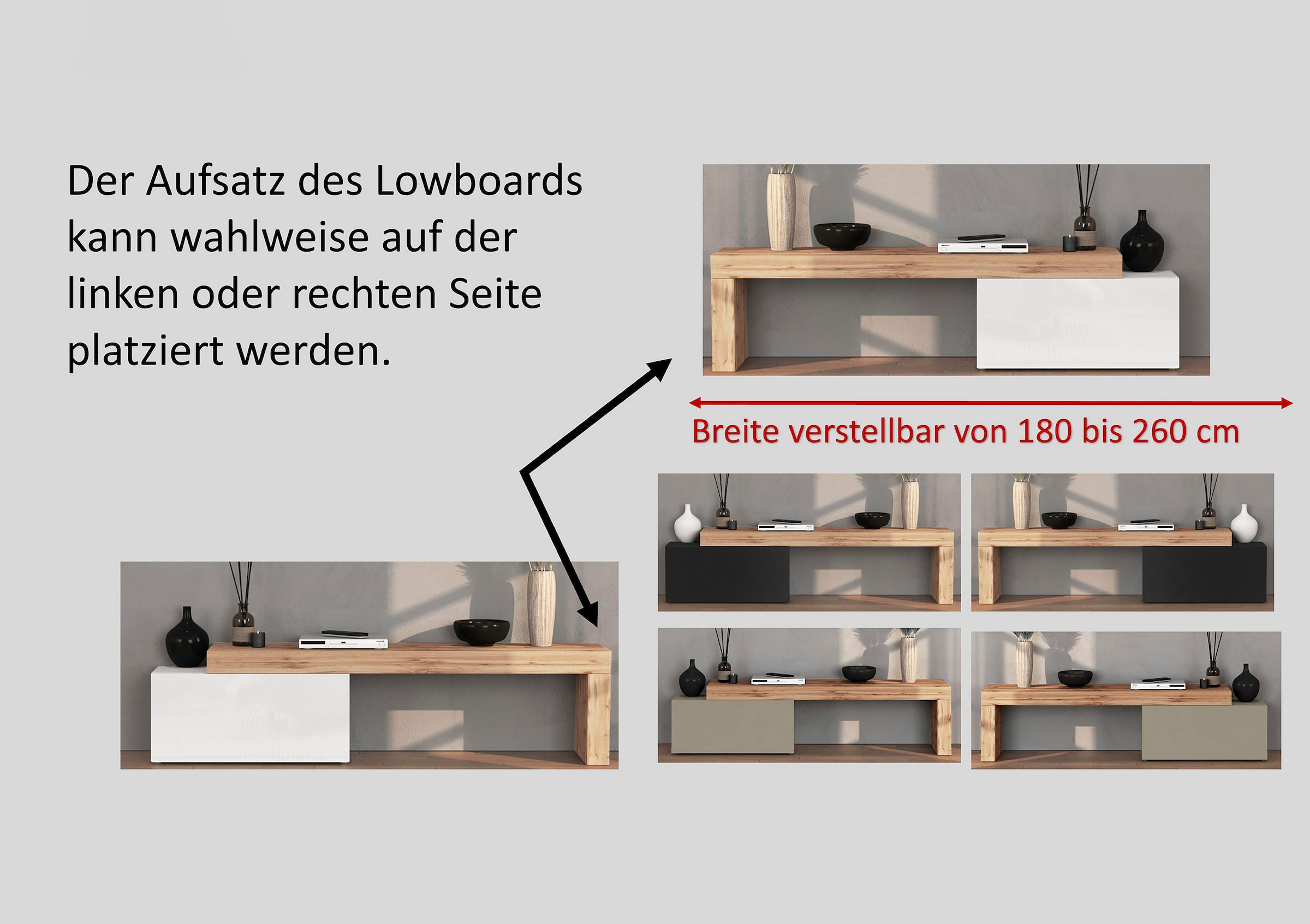 INOSIGN Lowboard »Chronos TV-Board, TV-Schrank«, (1 St., Breite verstellbar von 180 bis 260 cm), Breite 220 cm TV-Board,Lowboard,1 Klappe und ein L-Förmiger Aufsatz