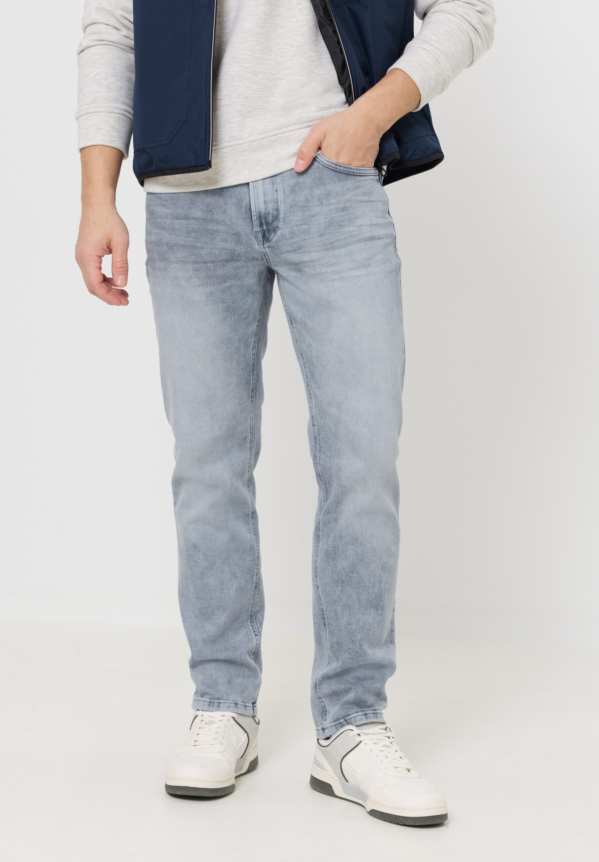 Slim-fit-Jeans STREET ONE MEN, Herren, Gr. 33, Länge 30, light grau random wash, Jeans, 81% Baumwolle, 18% Polyester, 1% Elasthan, unifarben, lang, Jeans Slim-fit-Jeans, Middle Waist
