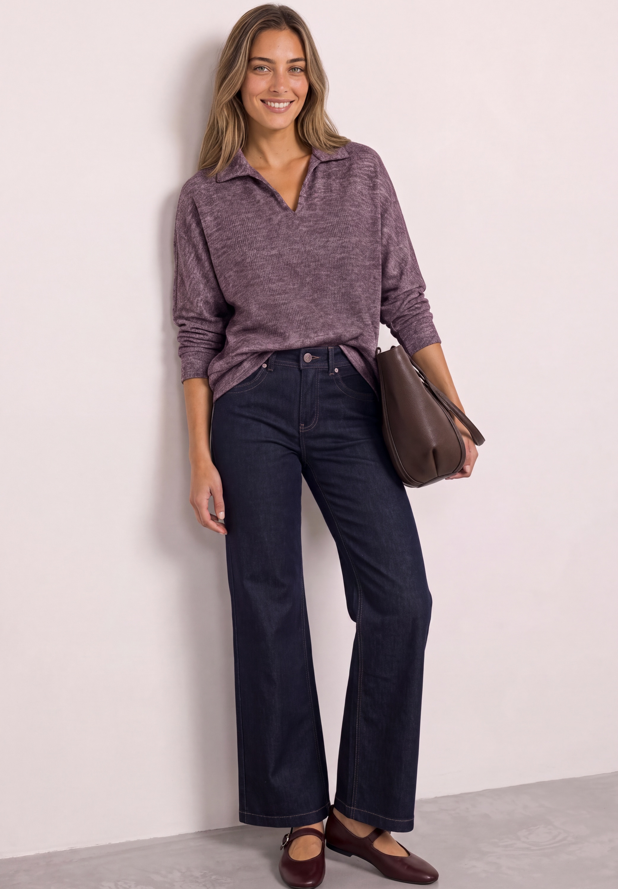 STREET ONE Langarm-Poloshirt mit Polokragen / Im Melange-Look