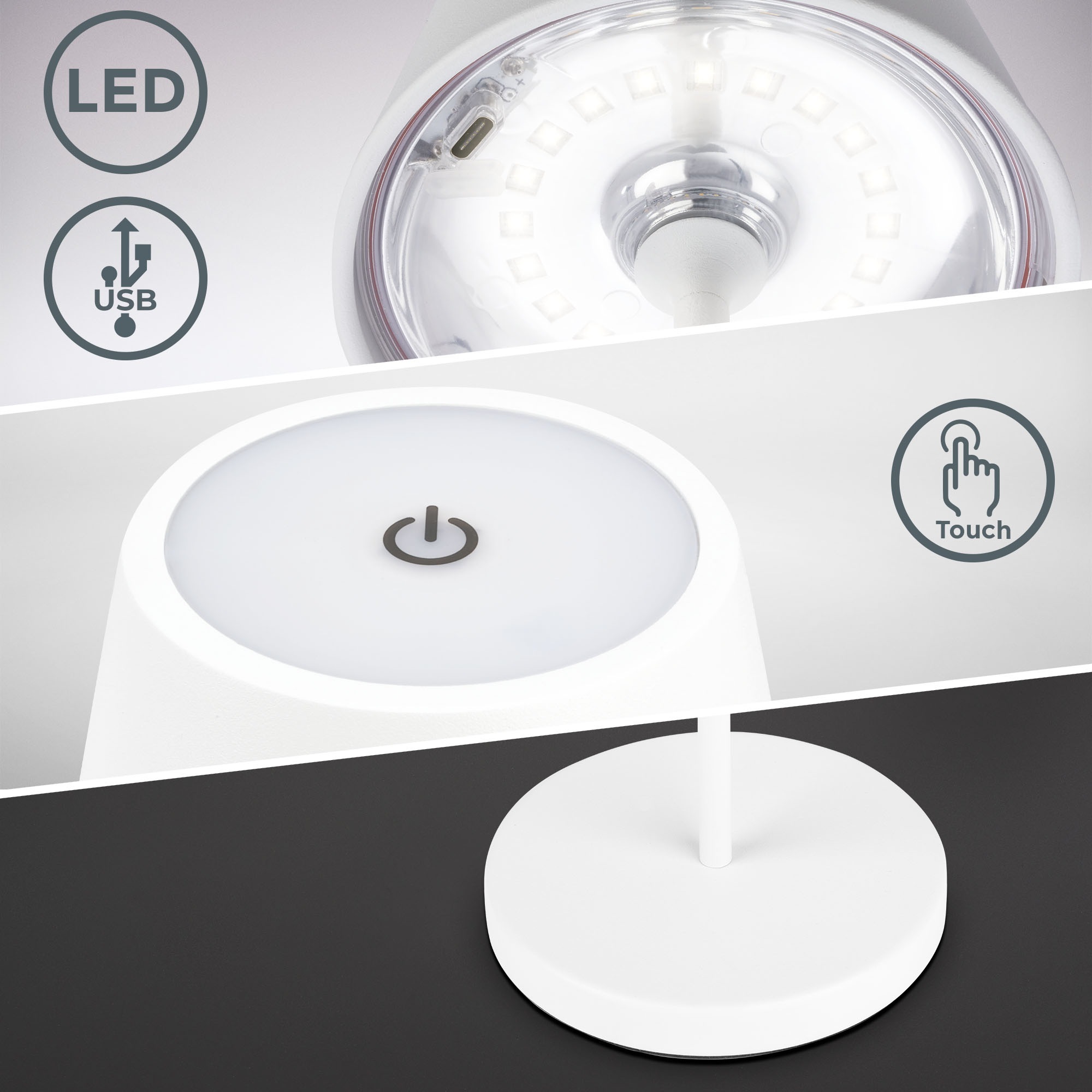 B.K.Licht Außen-Tischleuchte »LED Akku Tischleuchte mit Touchdimmer«, 1 flammig, Leuchtmittel LED-Modul | LED fest integriert, Kunststoff Metall mit USB Kabel und integrierter Batterie IP54 Ø12cm