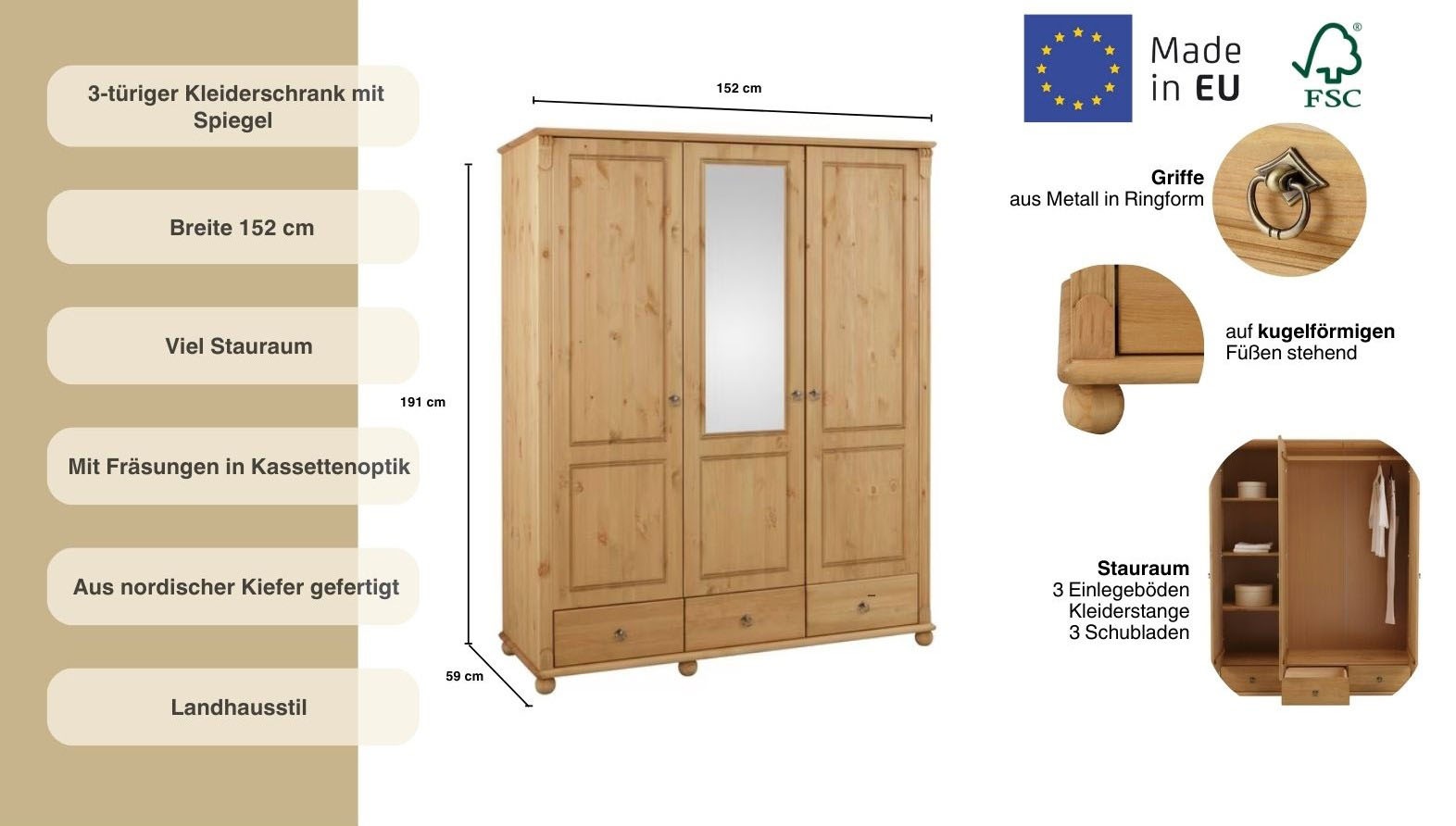 Thumbnail - OTTO home Kleiderschrank "Tessin, Dretürenschrank, 3-türig" B/H/T ca. 152/191/59 cm, Breite 152 cm, Kiefer massiv, mit S...
