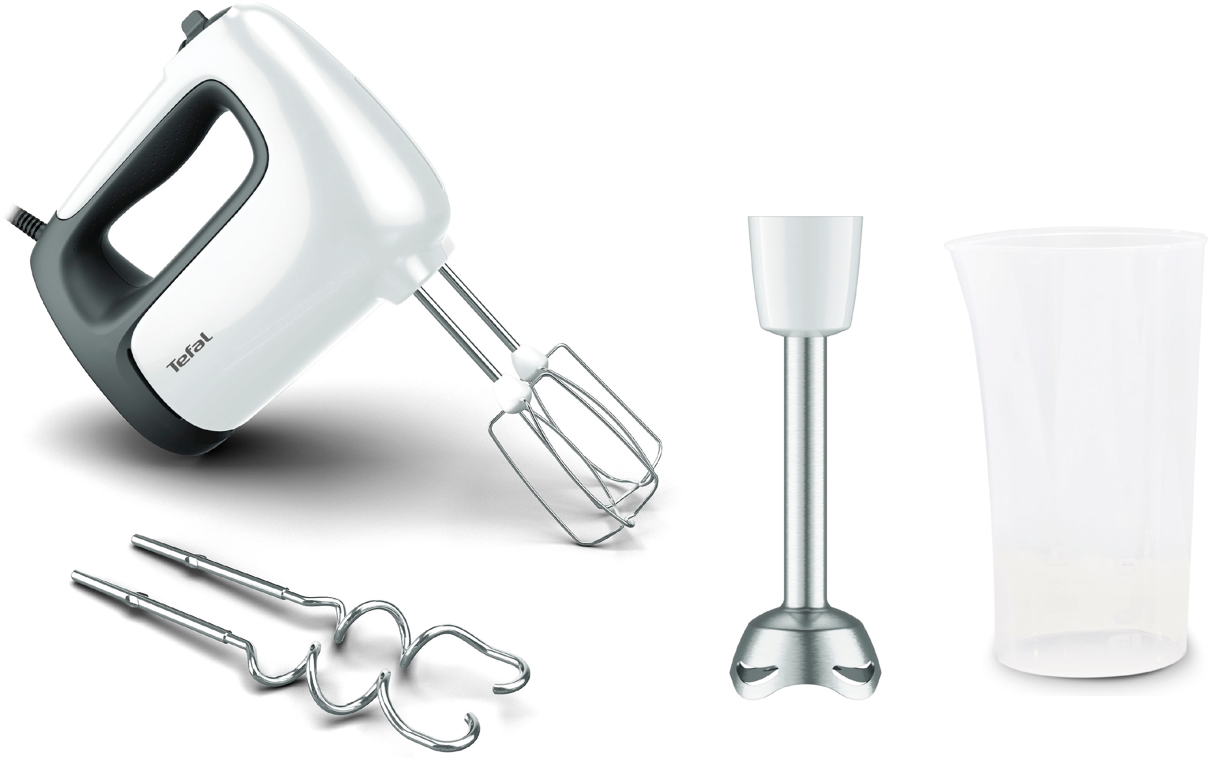 Tefal Handmixer "PrepMix+" 500 W Turbo-Funktion, 2 Rührbesen, 2 Knethaken, Pürierstab-Aufsatz, HT4621
