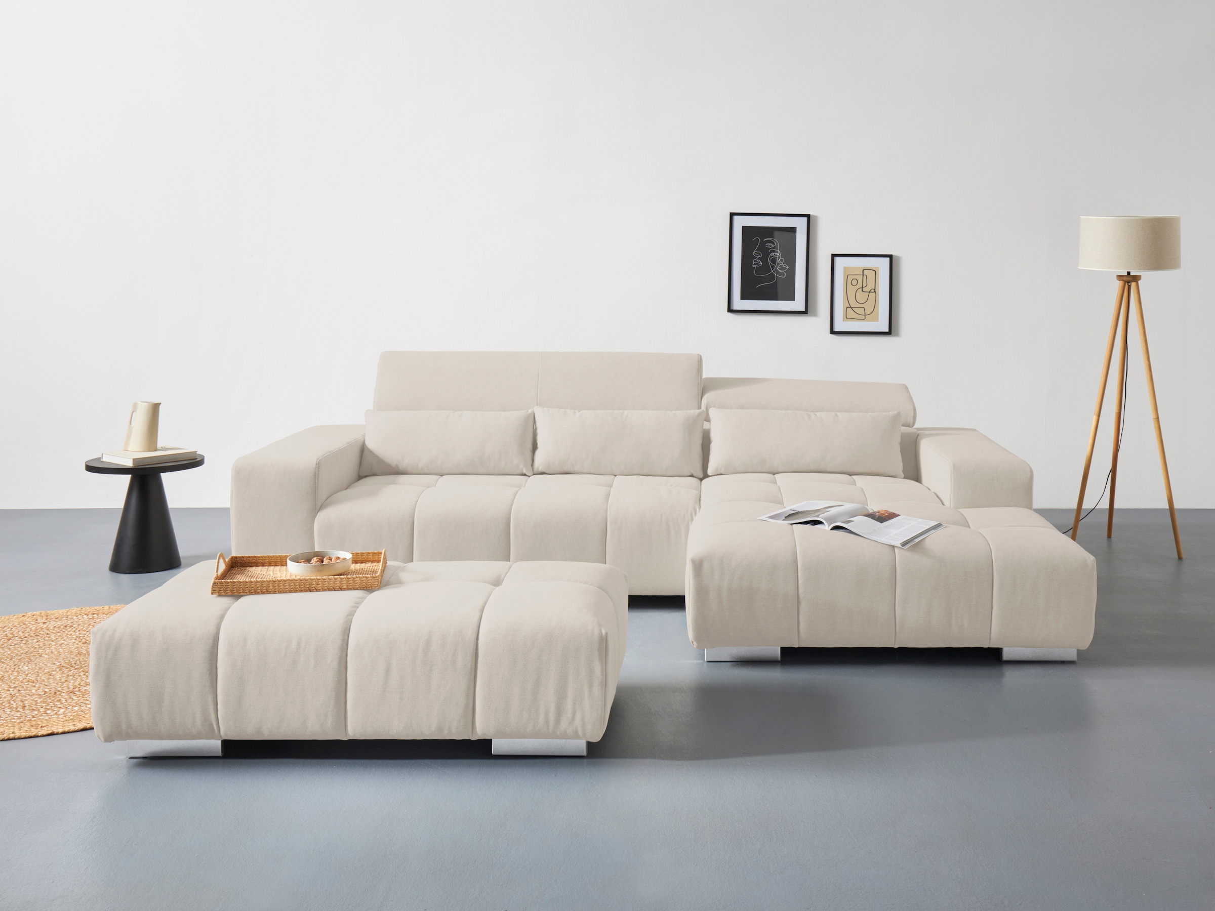 COTTA Ecksofa "Orion L-Form, B: 307 cm, moderne Steppung, bequeme Wellenunterfederung" 2x Kopfteilverstellung & 3 Nierenkissen