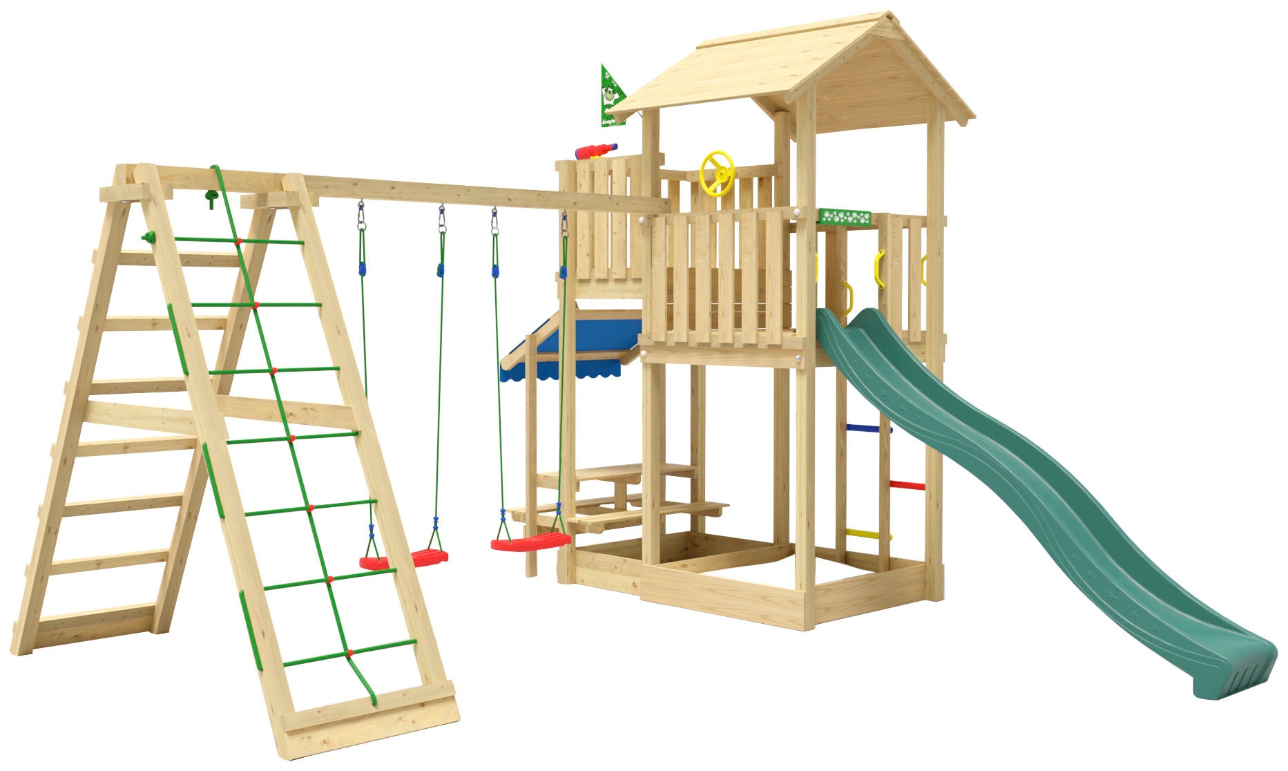 Jungle Gym Spielturm »Veranda«, (Set), Spielanlage mit Schaukel, Kletterbock und Rutsche mit Wasseranschluss