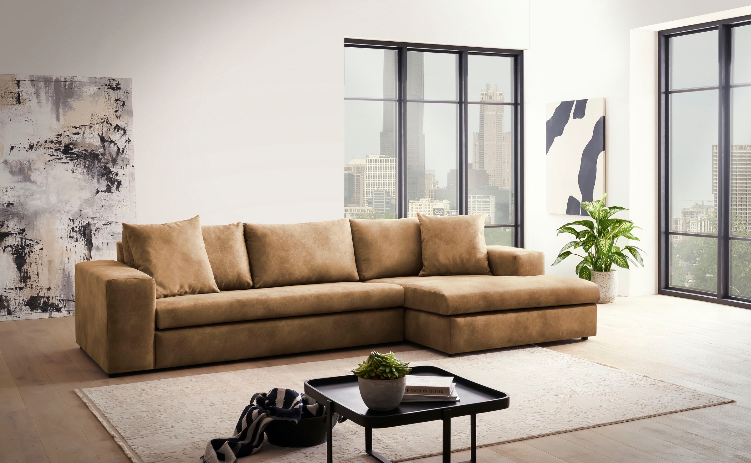 andas Ecksofa »SLEETLAND XXL in Samtvelours oder Vintage-Leder-Optik, L-Form,«, besonders groß und bequem