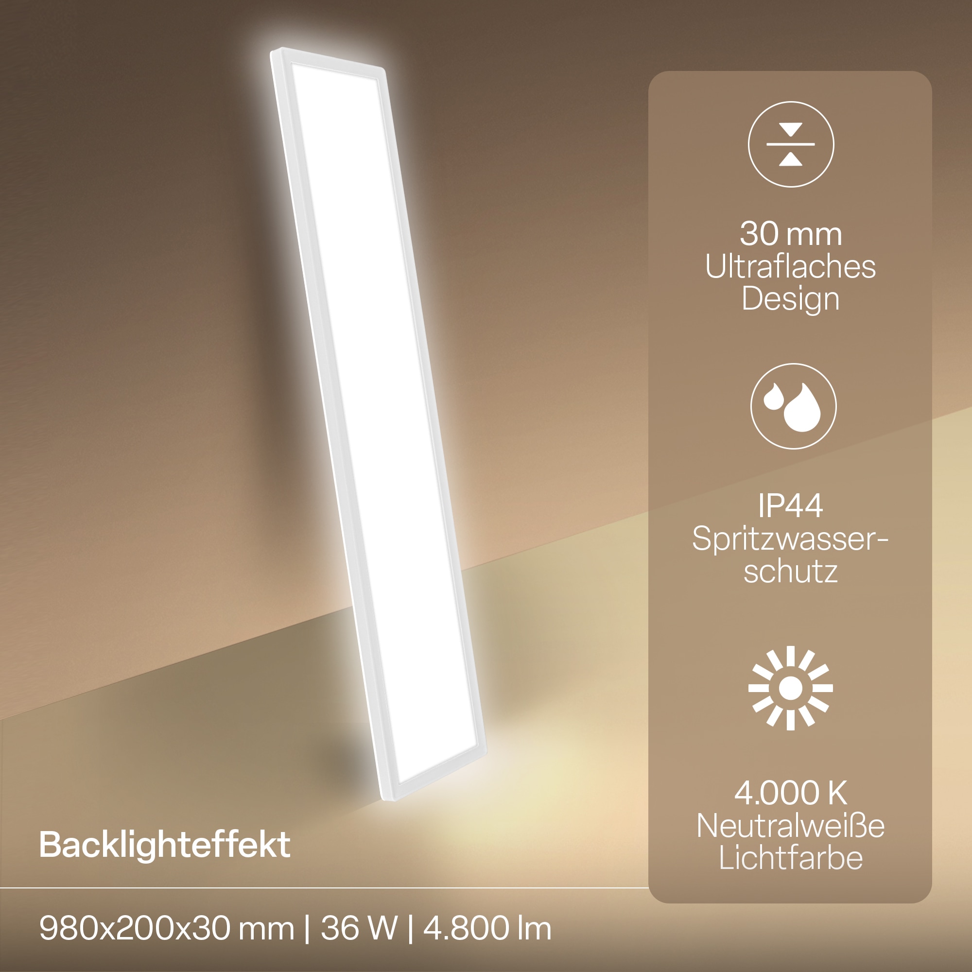 B.K.Licht LED Panel »SHALLOW« LED-Board 1 Stk. Neutralweiß 98x20x3 cm, Badlampe, Badezimmer, Küche, Wohnzimmer