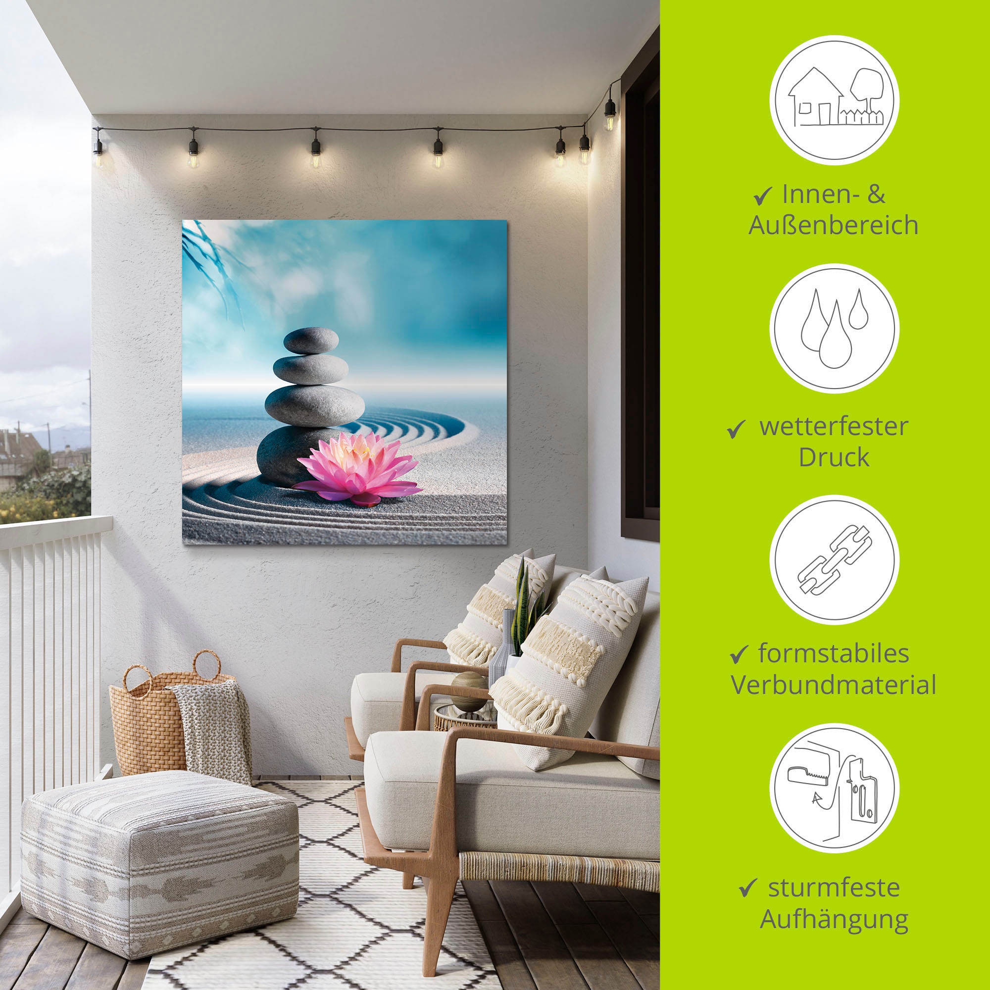Artland Wandbild »Sand, Lilie und Spa-Steine in Zen-Garten«, Zen, (1 St.), als Alubild, Outdoorbild, Leinwandbild, Poster in verschied. Größen