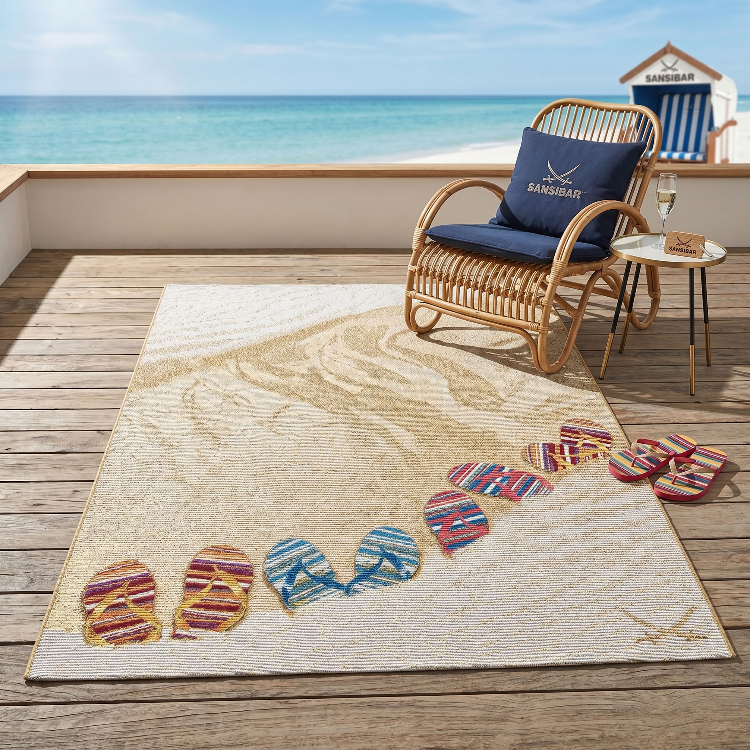 Sansibar Teppich "Rantum Beach SA-017" rechteckig 5 mm Höhe Flachgewebe, modernes Design, Motiv Badelatschen, Outdoor geeignet