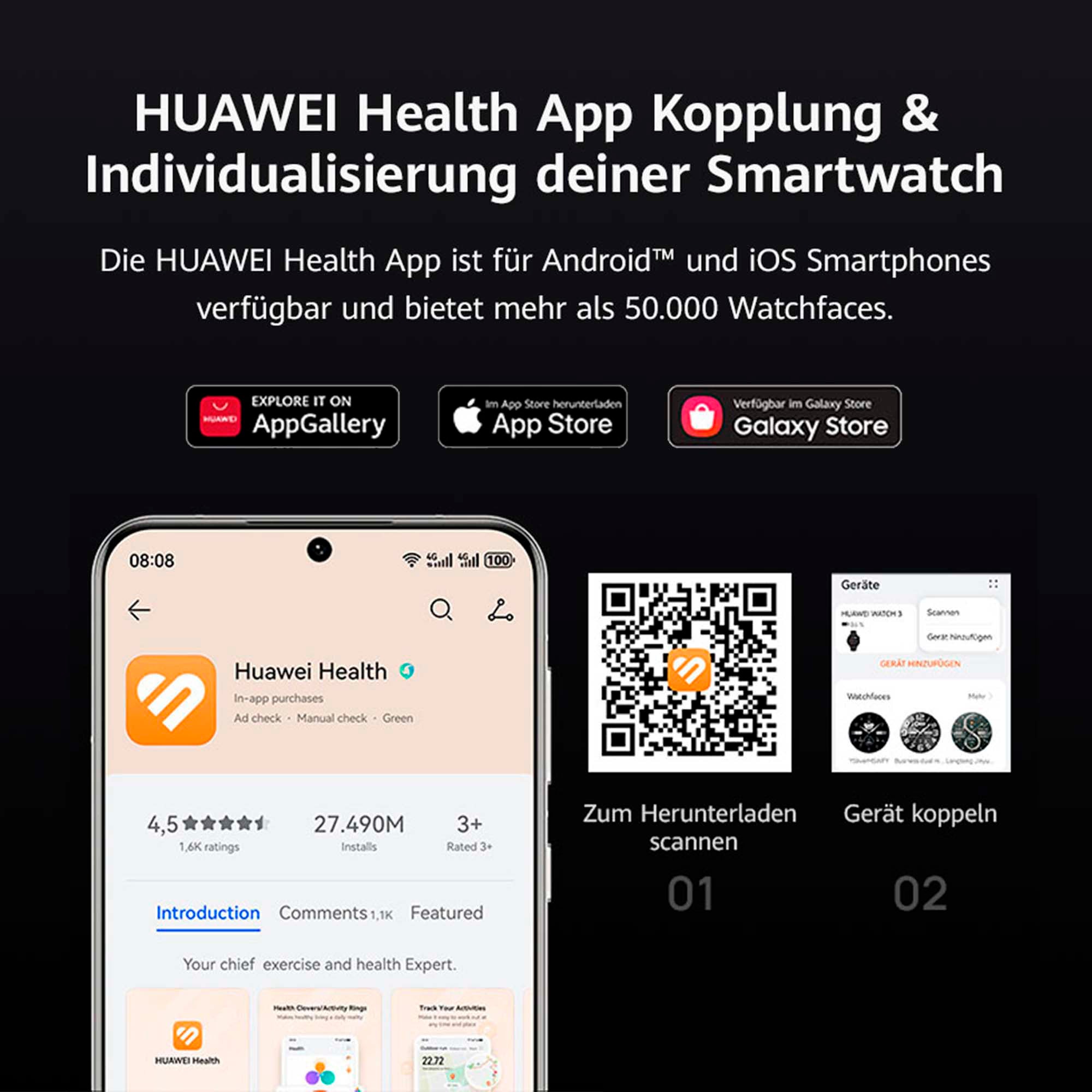 Huawei Smartwatch »WATCH 5 42mm«, (3,5 cm / 1,38 Zoll), 32,00 GB, X-TAP, Health Glance, 904L Edelstahl, Kompatibel mit iOS & Android)