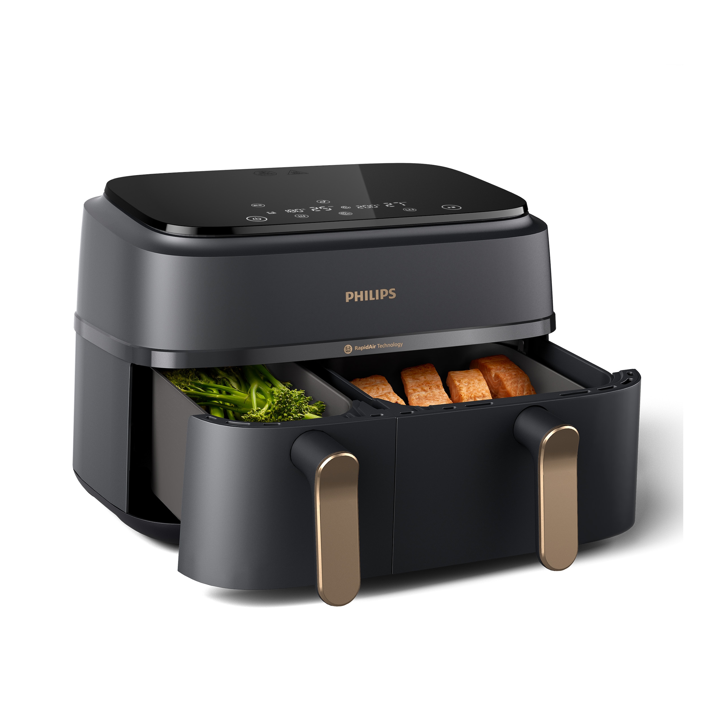 Philips Heißluftfritteuse »3000 Series NA352/00, Dual Basket Airfryer mit 9L Kapazität (3L+6L),«, 2750 W, RapidAir Technologie, Digitales Display, NutriU App; Schwarz/Kupfer