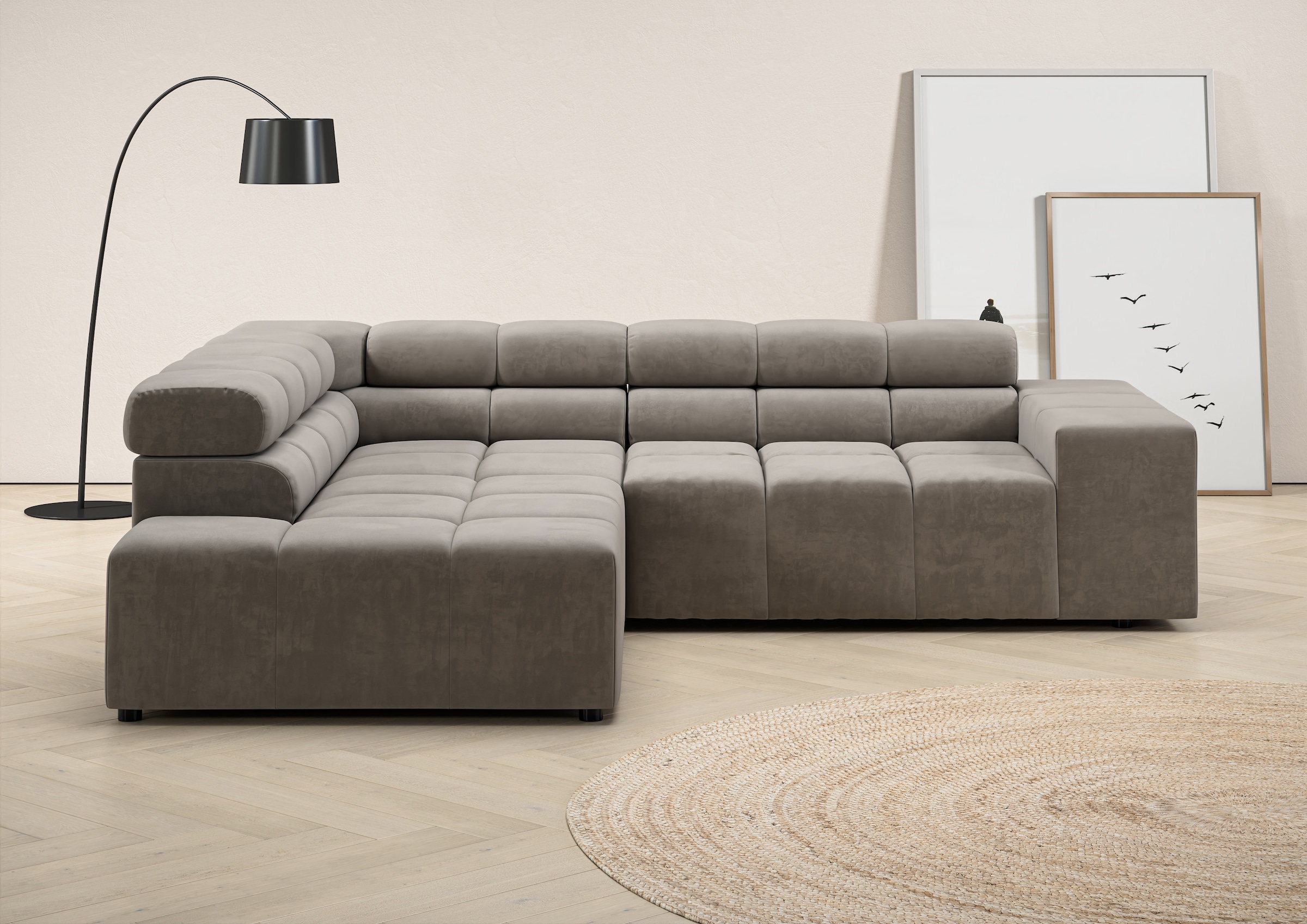 INOSIGN Ecksofa »Ancona, incl. Kopfteilverstellung + 3 Zierkissen L-Form,«, wahlweise motorische Sitztiefenverstellung, B/T(H: 249/215/70 cm