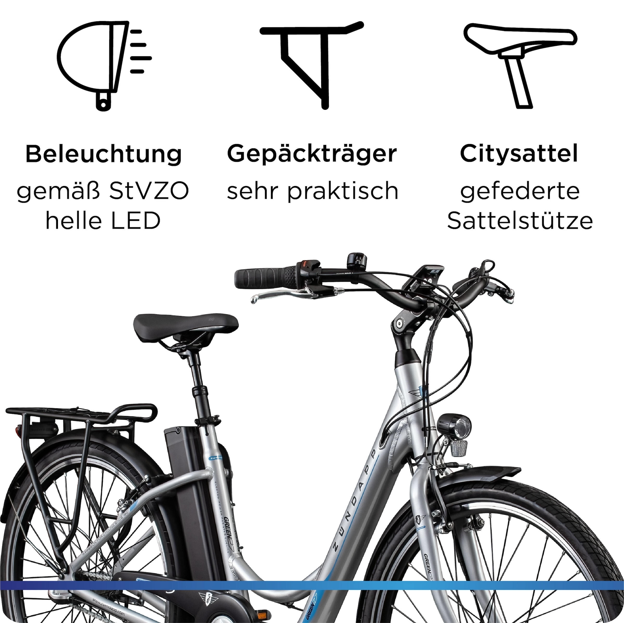 Zündapp »Green 2.7« 3 Gang Nabenschaltung Frontmotor 250 W Pedelec, Elektrofahrrad für Damen u. Herren
